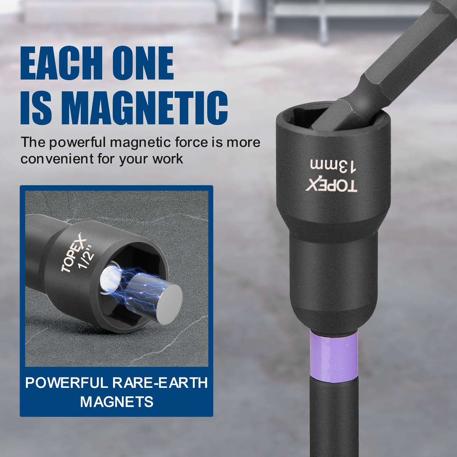 TOPEX 16Pcs Magnetic Impact Nut Driver Set Impact Grade Socket Extension, Metric & SAE Long Drivers, 1/4'' Hex Shank Adapter Drill Nut Driver Power Drill Bit Extensions Tool Accessory image number 2