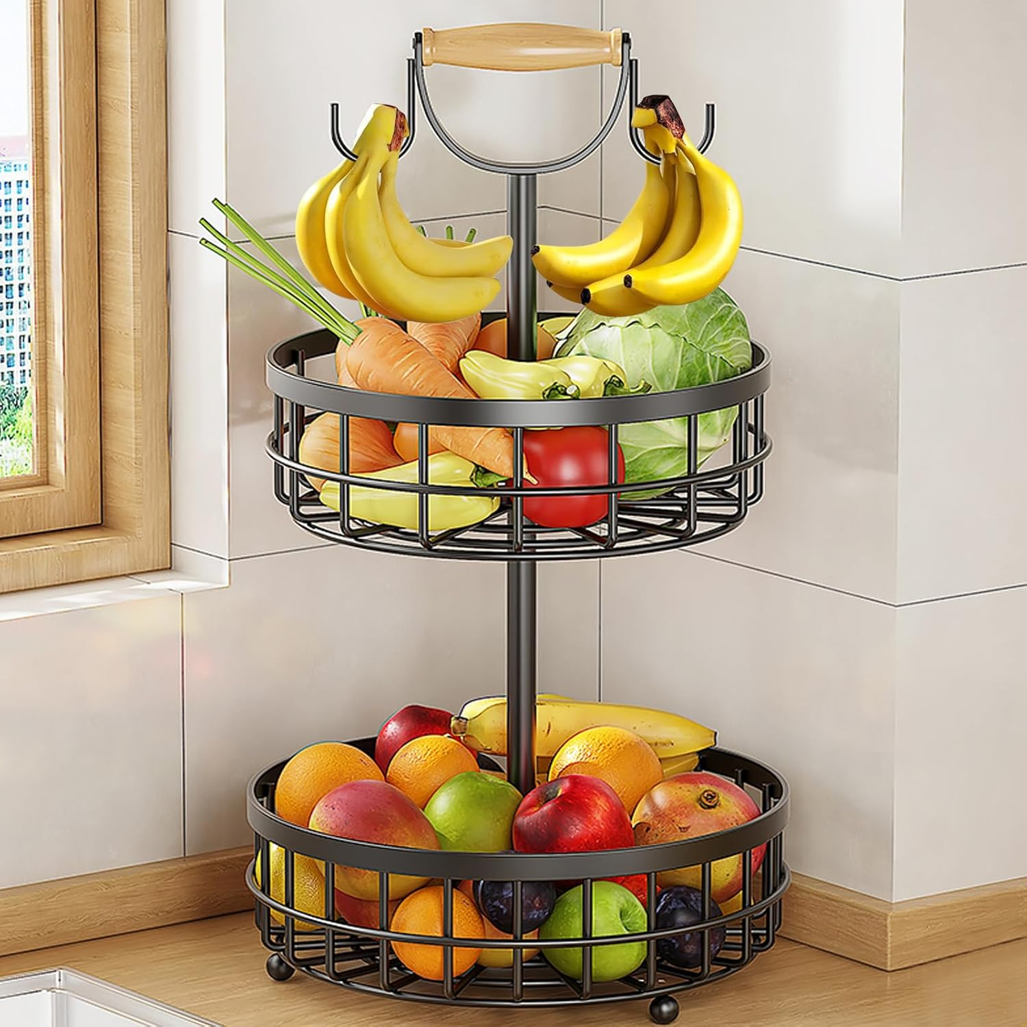 SEDISON 2 Tier Fruit Basket with Banana Hanger, Double Layer Metal Fruit Basket with Wooden Handle, Sturdy Carbon Steel Kitchen Storage Organizer for Fruits, Vegetables and More, Large Capacity image number 3