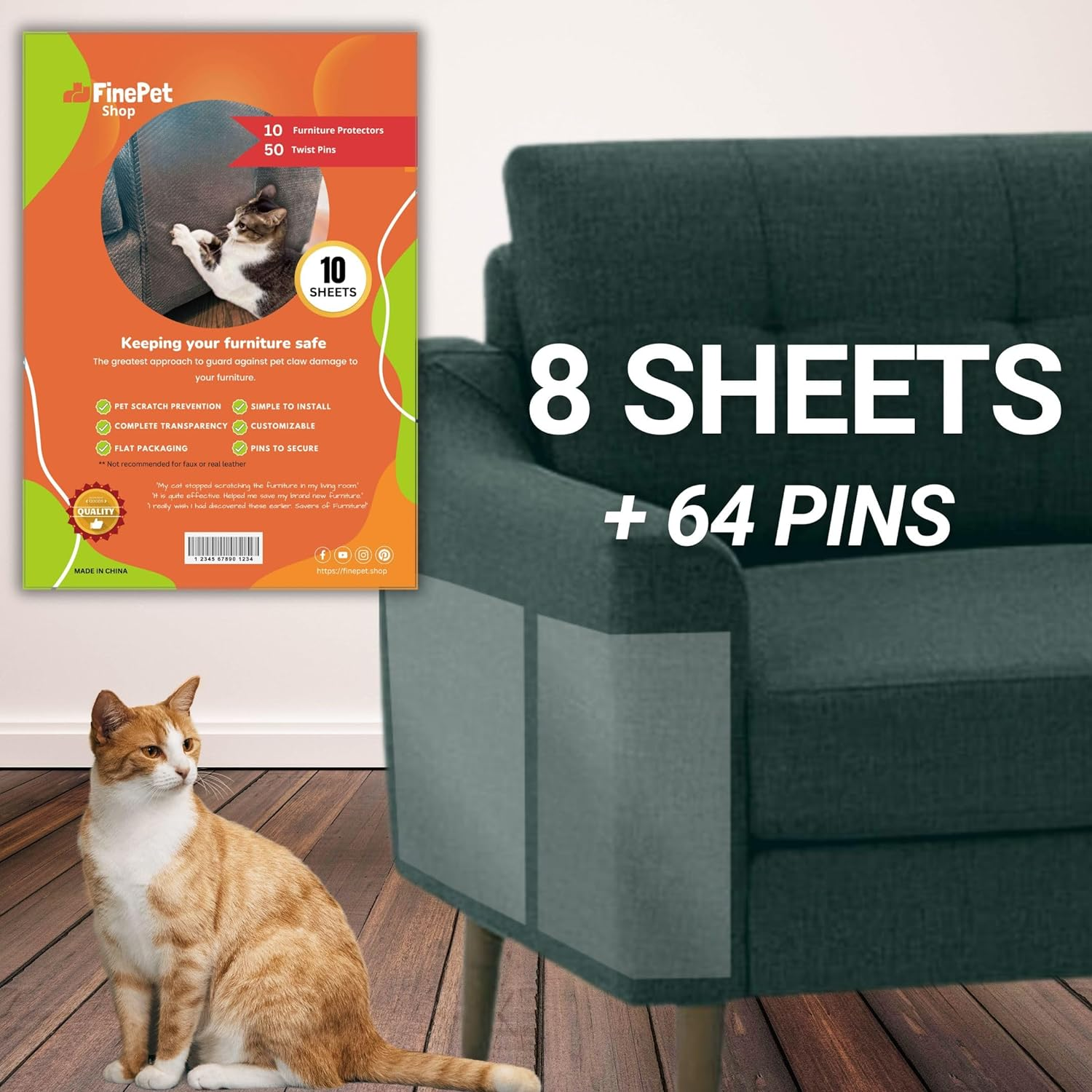Cat Scratch-Resistant Furniture Protectors with 8-Pack and More Including Twist Pins - Cat Couch Guards - Furniture Protectors from Cat Scratch (8-Pack + Twist Pins) image number 3