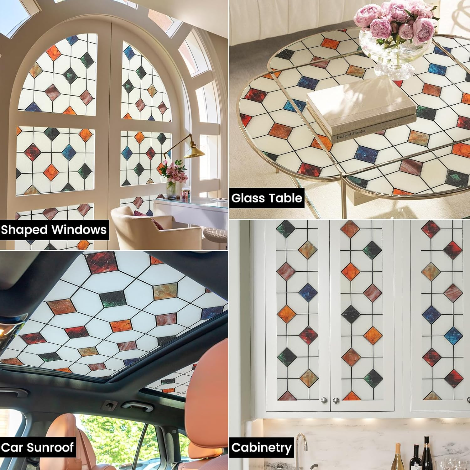 DKTIE Stained Glass Window Film Geometric Patterns, Fine Frosted Window Clings for Glass Windows, Waterproof for Bathroom Window Privacy Film Day and Night (S533, 35.4In X 118.1In) image number 1