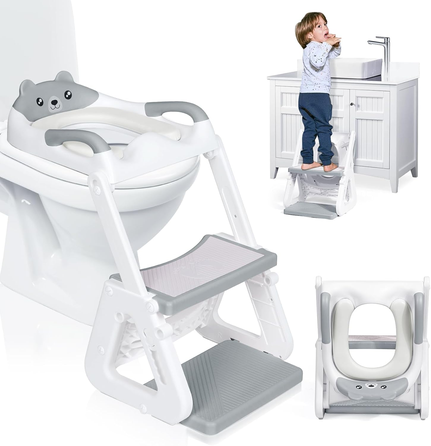 Orzbow 2-IN-1 Potty Training Toilet Seat with Step Stool for Toddler, Stability Training Potty Seat for Kids Boys Girls with Splash Guard and Anti-Slip Pad, Adjustable Ladder & Potty Seat Height, Grey image number 5