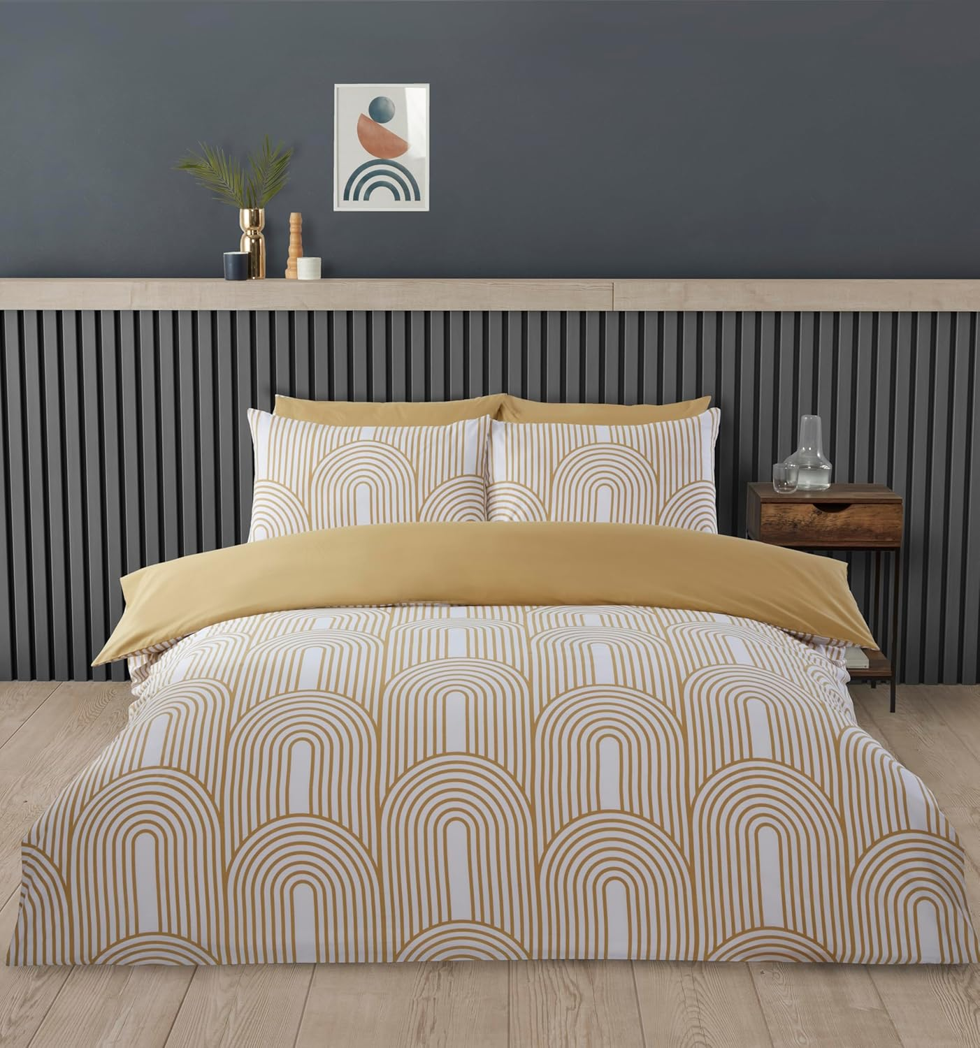 Rapport Home Kingsize Duvet Cover Set Premium Polycotton Arches Geometric Design Blue and White Minimalist 3PC Non-Iron Luxury Bedding Set with Snap Closure