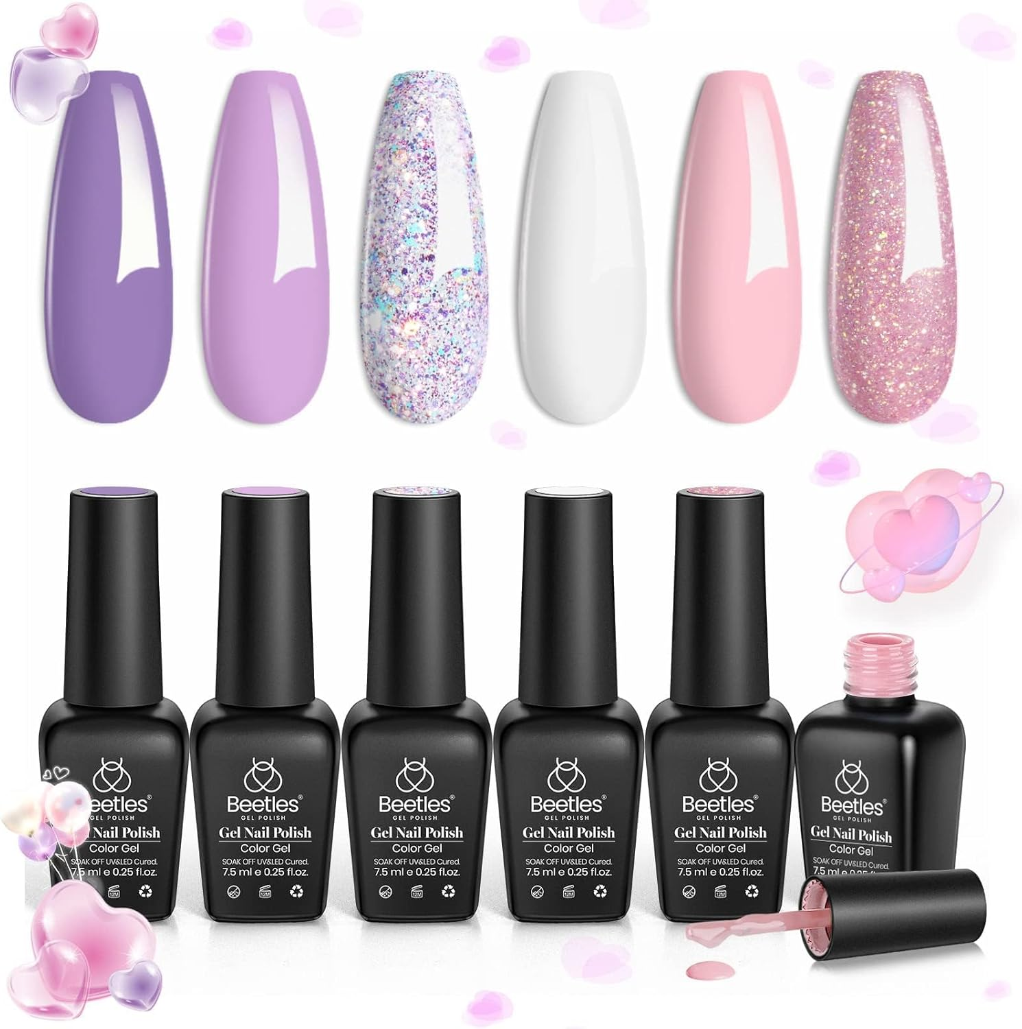 Beetles 6 Colors Gel Nail Polish Kit, Romantic Garden Pink Purple Glitter Gel Polish Milky White Soak off Nail Lamp Cured Nail Art image number 6