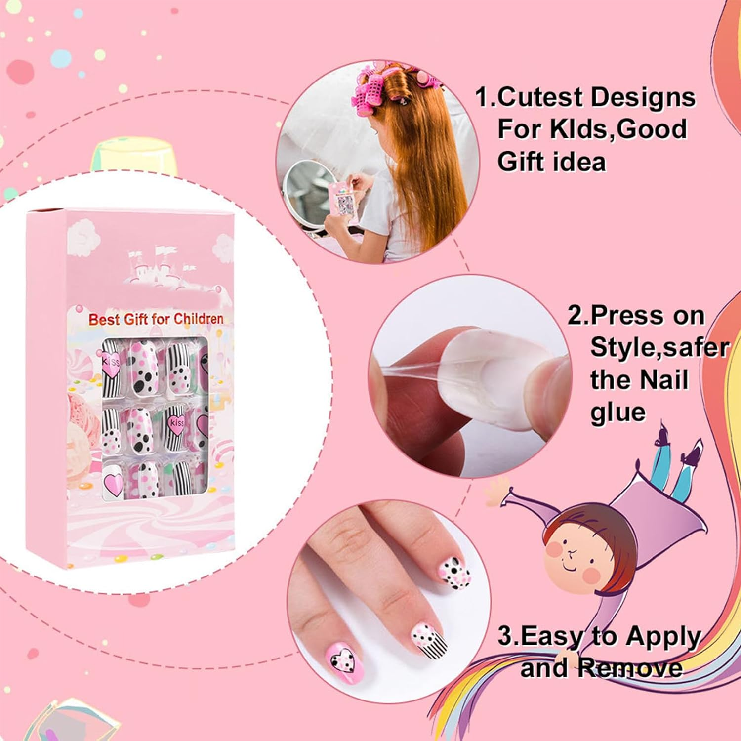 120 Pieces Kids Press on Nails for Girls Fake Nails Emboss Artificial Nail Tips Pre Glue Short Stick on Nails for Kids Nails Decoration Sleepovers Kids Valentine Day Gifts (NT30-6, NT30-6) - Nt30-2 image number 7
