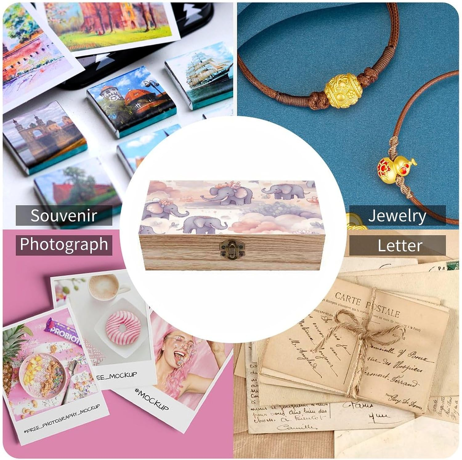 Elephant Pattern Wooden Box Wood Wedding Keepsake Boxes with Lids Small Decorative Boxes Lightweight Wooden Memory Storage Box for Crafts Keepsakes Jewelry Photo Letter Storage image number 6