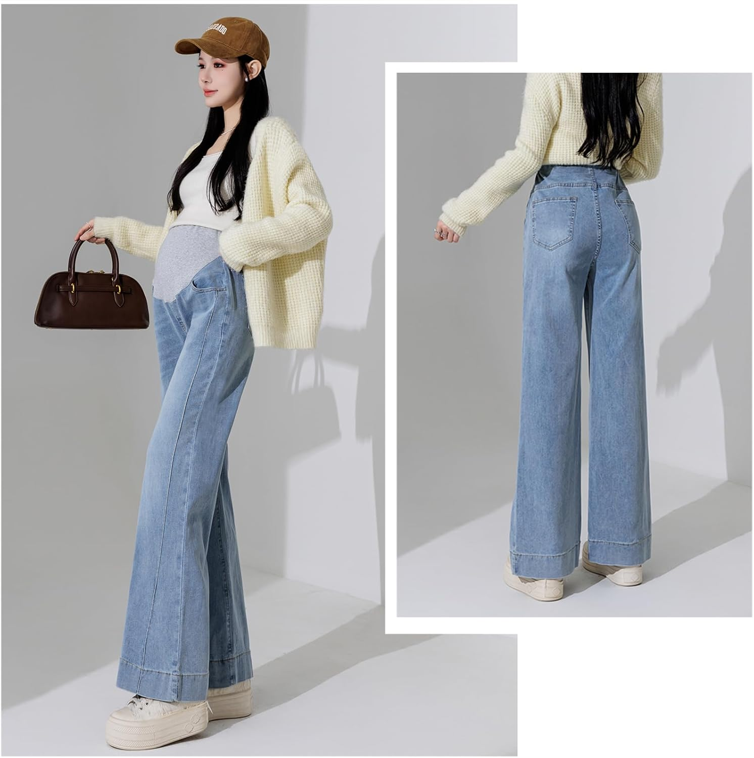 Pregnant Jeans Trousers Women'S Adjustable Waistband Wide Bootcut/Flare Stretch Denim Lounge Trousers with Pockets for Small Women up to 170 Cm