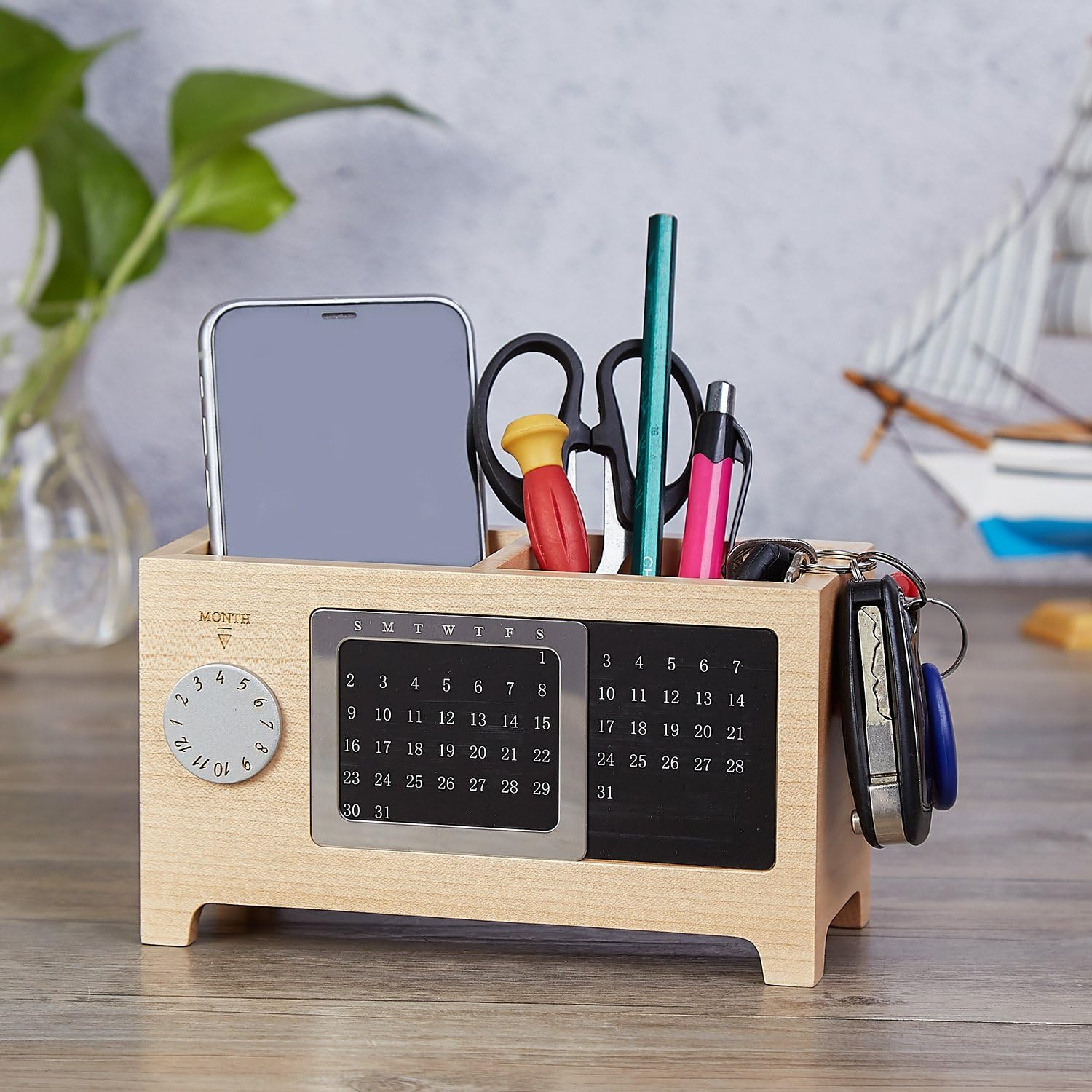 Artinova Wooden Office Desk Organizer Pen and Pencil Holder Stationery Storage Box with Calendar for the Desk ARTA-0006M image number 4