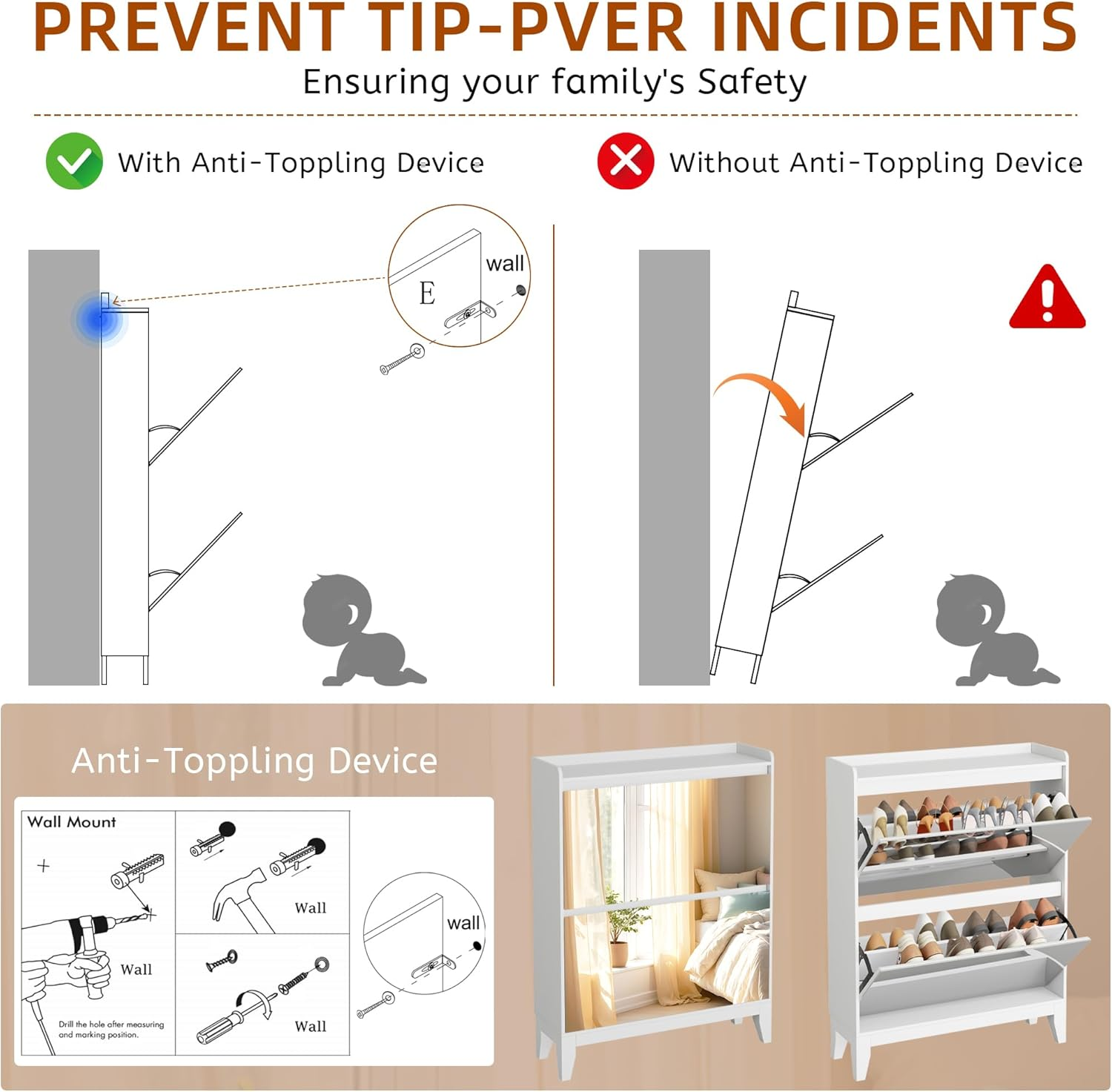 Dystler Shoe Cabinet with 2-Flip Mirror Drawers, Freestanding Shoe Rack Organizer with Legs, Slim Narrow Shoe Storage Cabinet for Entryway, Entrance, Hallway, Bedroom (White) image number 5