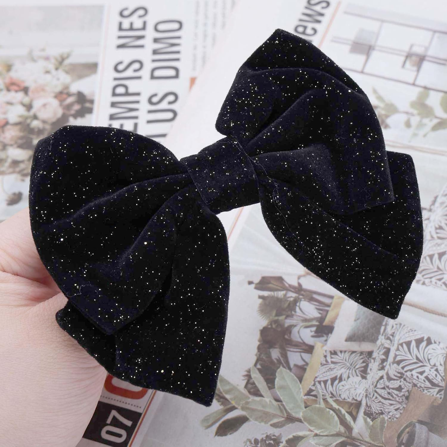 Hair Bows for Women Velvet Bow Hair Clips Sparkling Bow Clips Cute Hair Bow Clips French Hair Band Bow Prom Bows Party Wedding Bow Clip Black Red image number 4