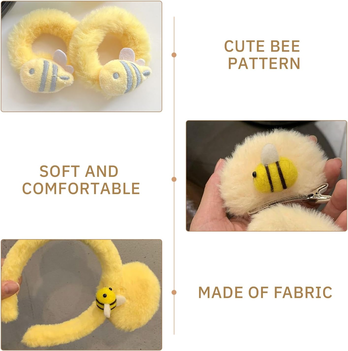 1 Headband, 1 Hairpin and 2 Hair Rings, Bee Theme Accessories, Cute Plush Hair Accessories, Clothing Accessories. image number 5