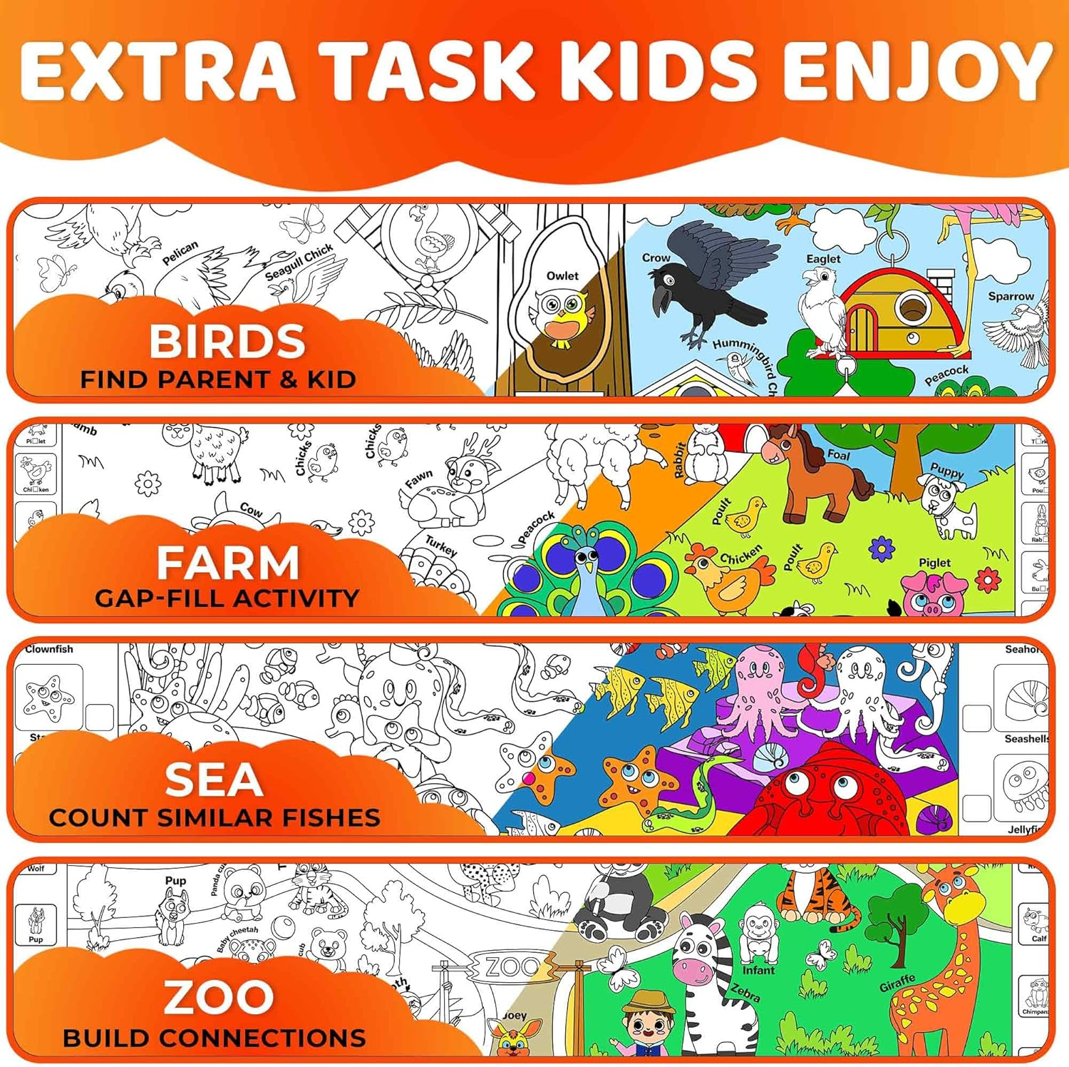 QUOKKA Giant Coloring Posters for Kids &ndash; 4-Pack 2X3 Ft Large Coloring Sheets with Educational Tasks &ndash; Floor & Wall Activities for Markers, Crayons, Paints &ndash; Classroom & Party Supplies for Ages 3-5