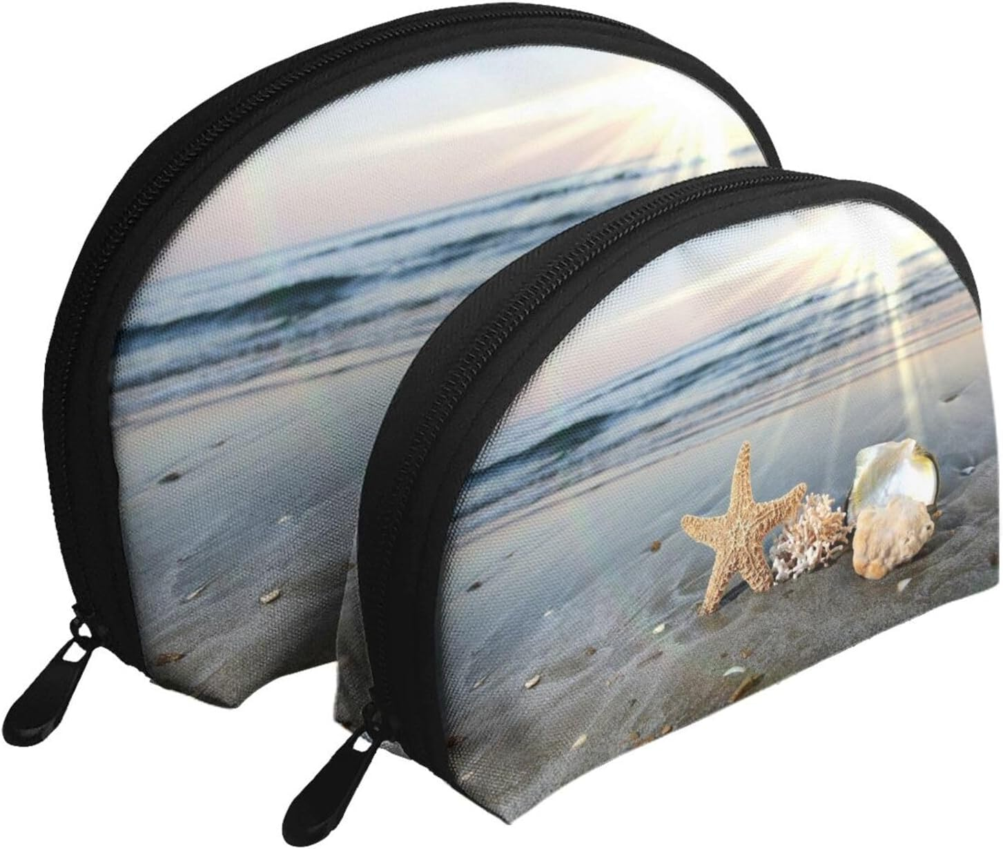 Coin Pouch Makeup Bags Set, 2 Piece Shell Shape Cosmetic Bag with Pockets for Daily Travel Handbag Lipstick Keys Toiletry, Personalized Starfish Shell Sunny Beach image number 2