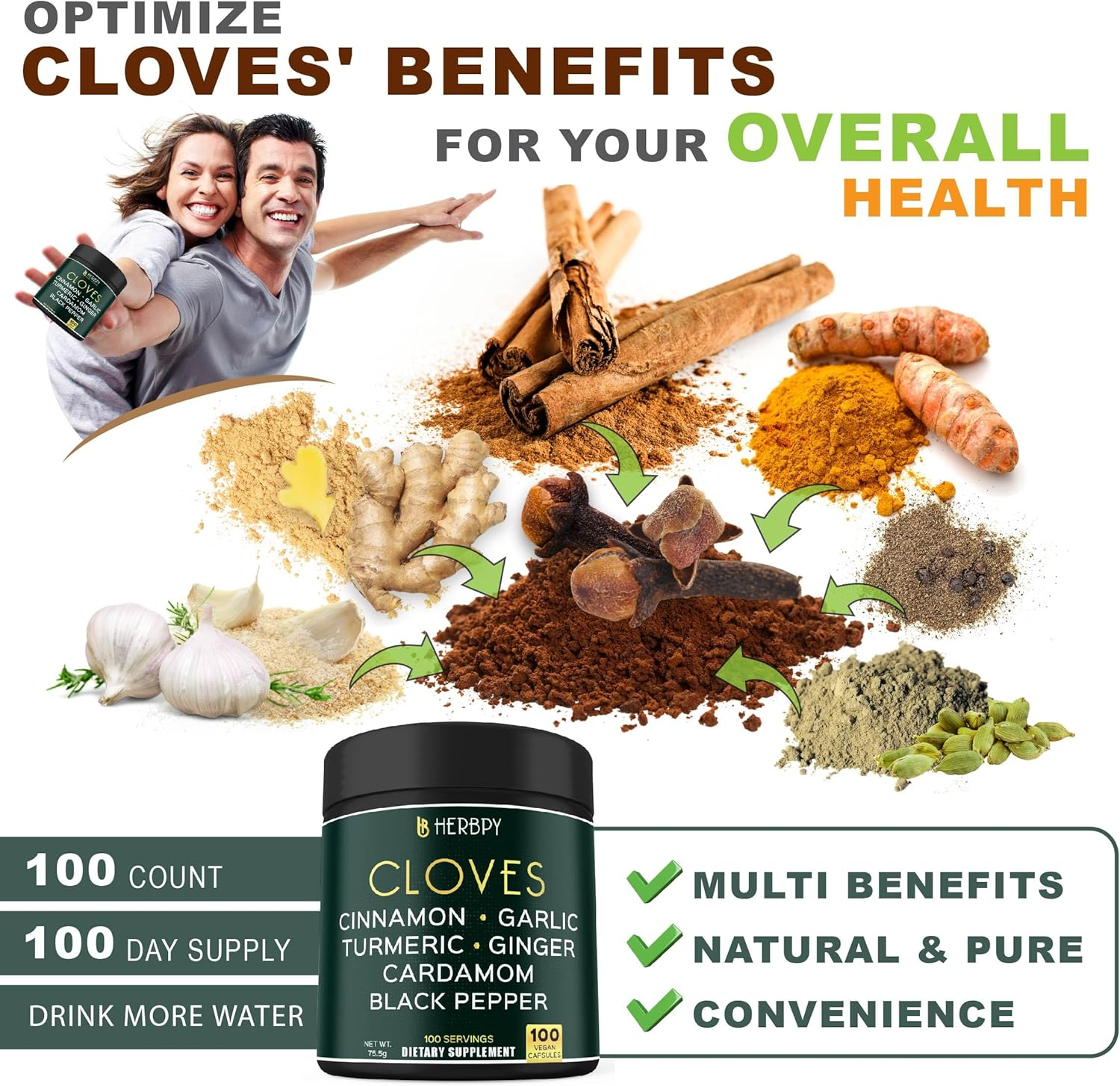 7In1 Clove Supplement Rich in Vitamins & Minerals Supports Digestion, Immune & Heart Health with Cinnamon, Turmeric, Ginger, Cardamom, Garlic & Black Pepper - 100 Vegan Capsules image number 5