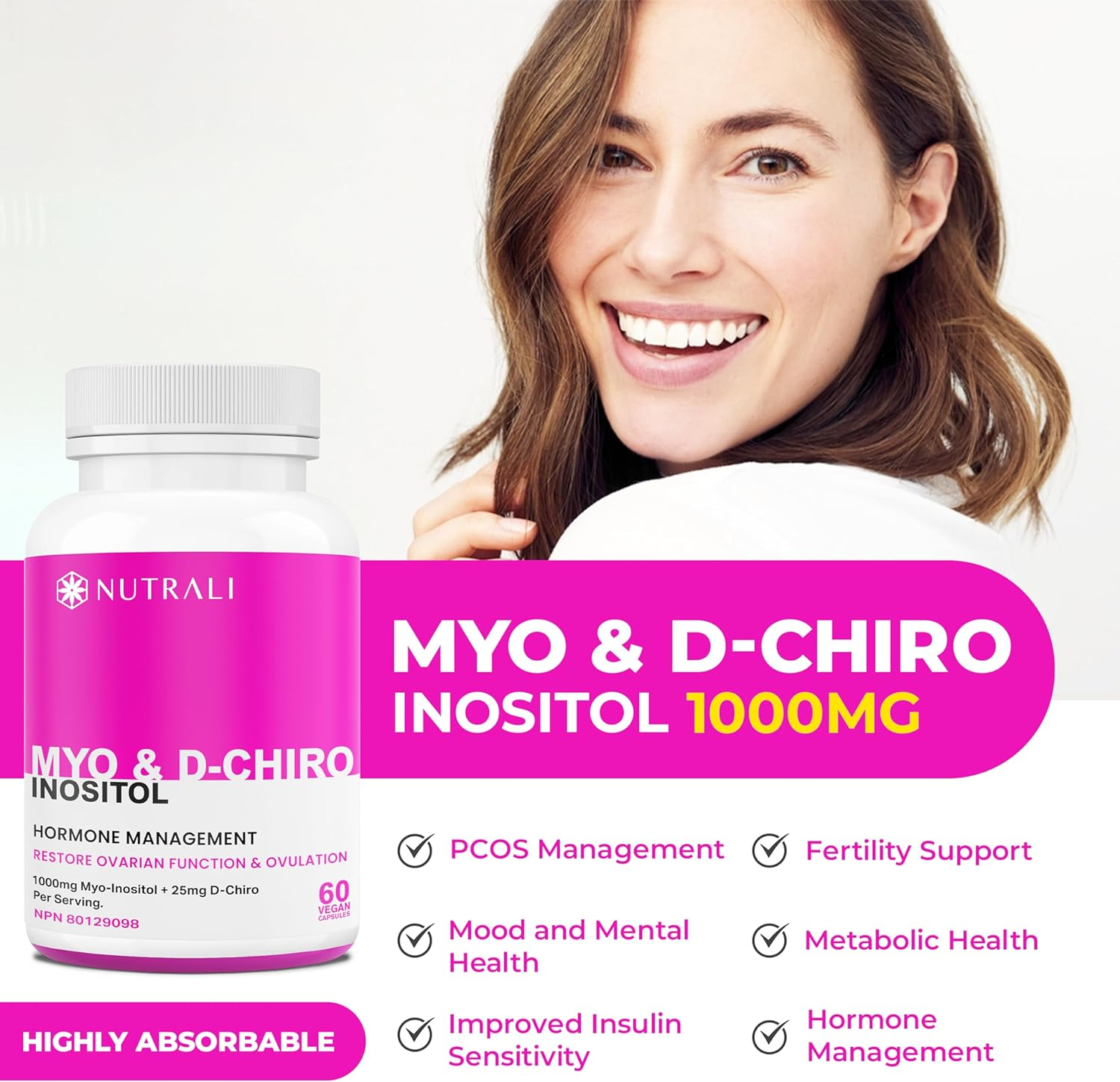 New HIGHEST POTENCY 1000Mg per Serving Myo-Inositol D-Chiro Inositol 40:1 (2 Capsules per Serving), PCOS Management, Improved Ovarian Function, Regulate Menstrual Cycle. Fast Acting, Non-Gmo, Vegan, Gluten Free. 60 Easy to Swallow Capsules. image number 1