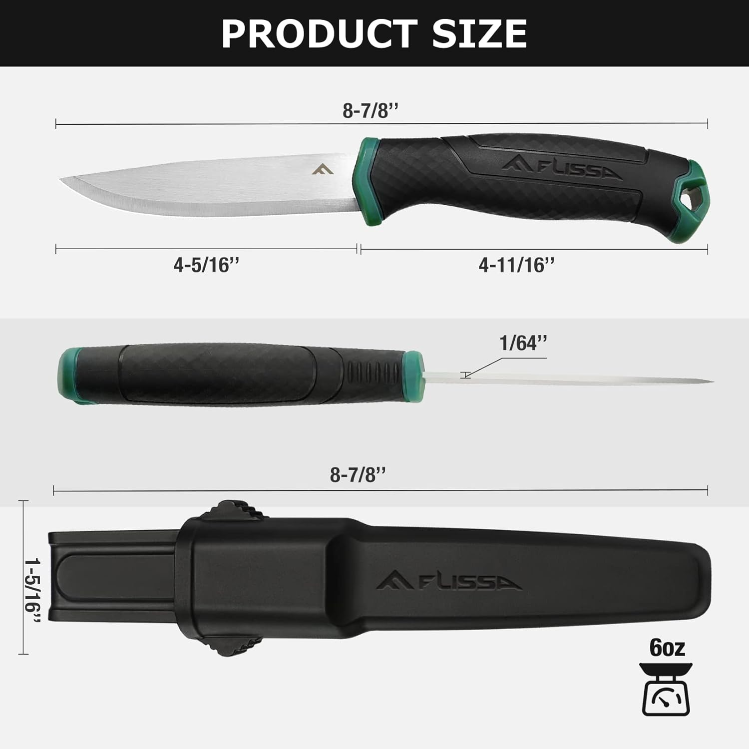 FLISSA Bushcraft Knife, Fixed Blade Knife with Nylon Sheath, Stainless Steel Blade, Ideal for Camping, Backpacking, Fishing, Hiking 4 Inch