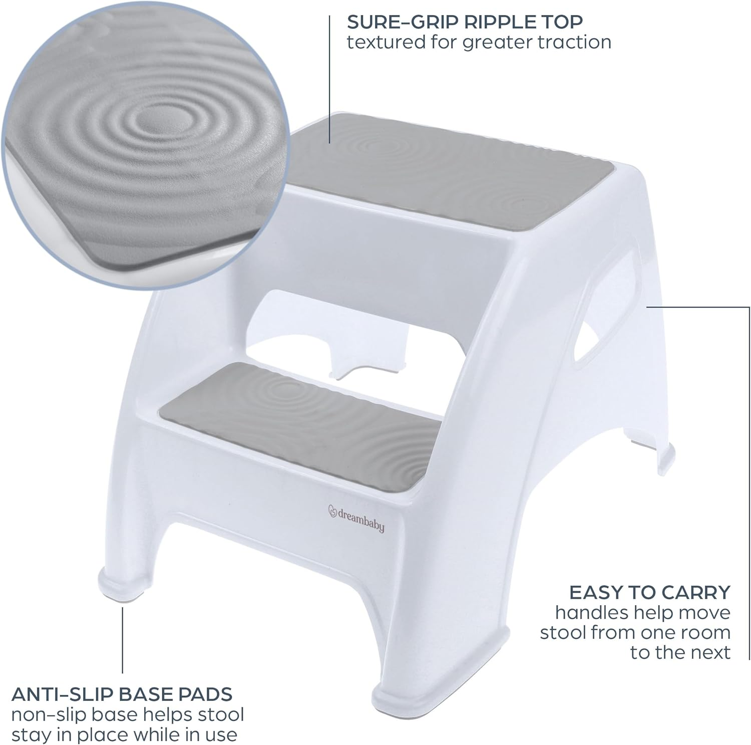 Dreambaby Toddler & Me 2 up Step Stool, Toddler Step Stool Suitable for Adults, Holds up to 135Kg, Toilet Steps for Toddlers & Adults, anti Slip Pads, Toilet Training Steps, Bathroom Stool - Grey