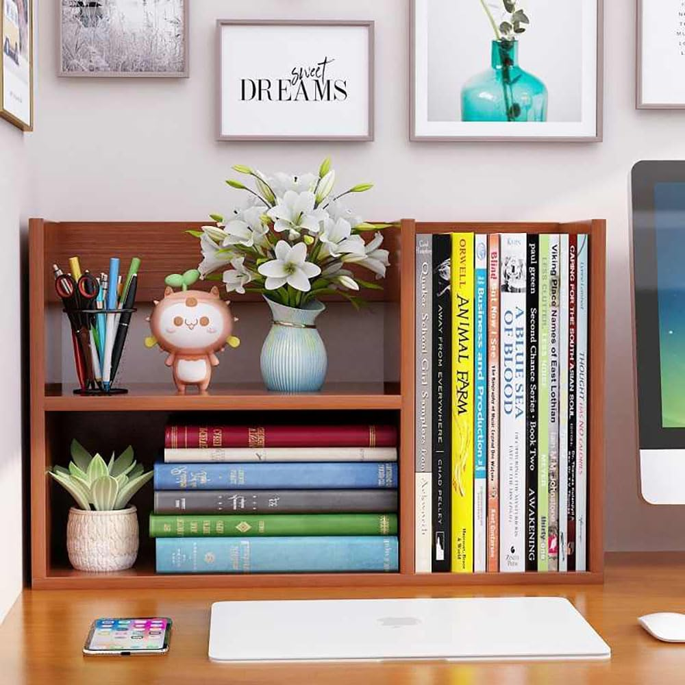 Hbluefat Small Desktop Bookcase Organizer, Wood Desk Storage Bookshelf Display Shelf/Rack for Home Office (Teak) image number 2