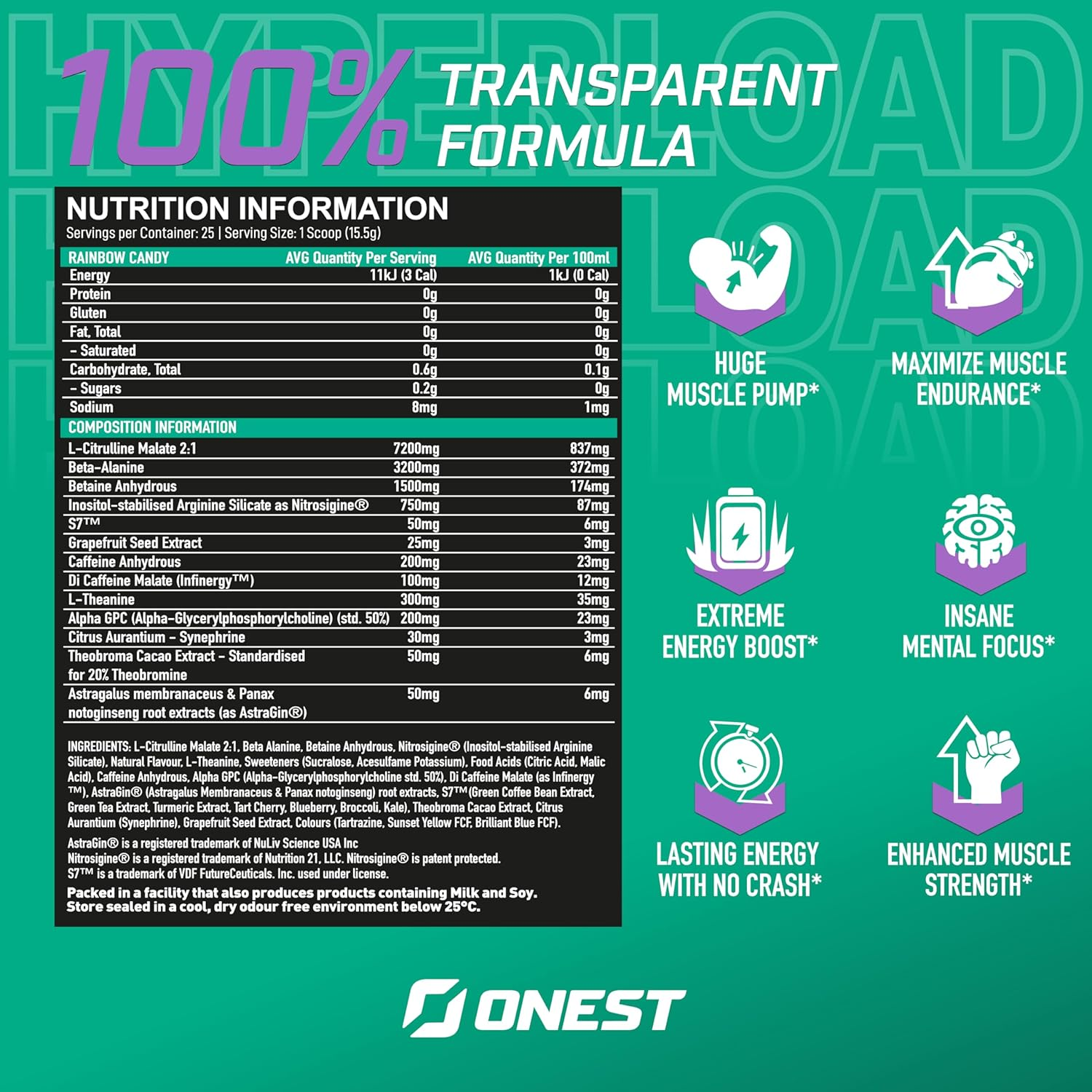 Onest Hyperload Pre Workout Supplements 387.5G | 25 Servings Workout Powder for Men & Women | Enhances Muscle Power & Energy | Caffeine, L-Citrulline Malate, Alanine, L-Theanine Sports Drink Powder (Hyperload, Purple Blast Flavour) image number 6
