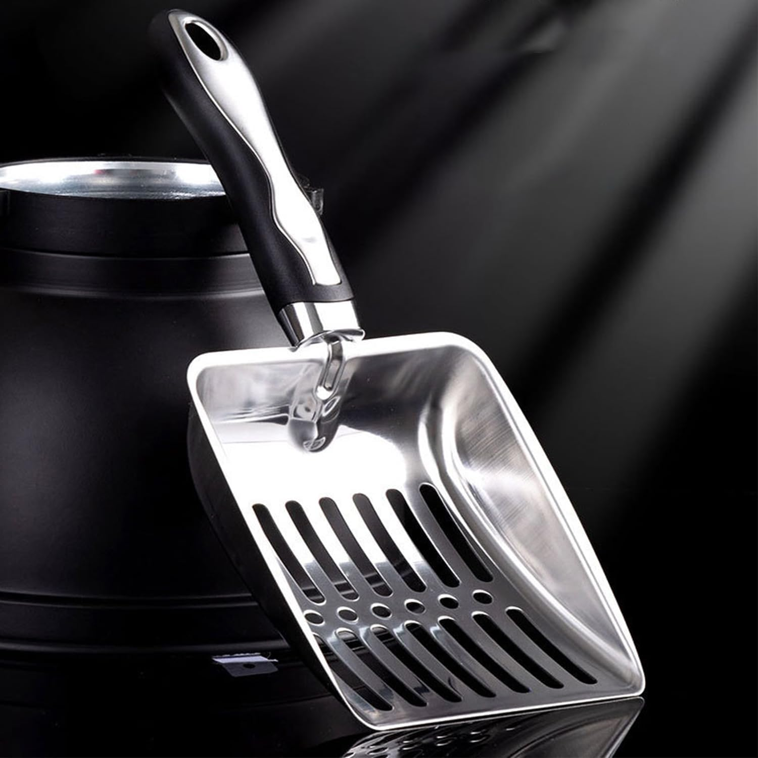 Roczental Stainless Steel Cat Litter Scoop Long Handle Durable Scooper for Kitty Litter Box Easy to Clean & Rust Proof Ergonomic Design (Black) image number 3