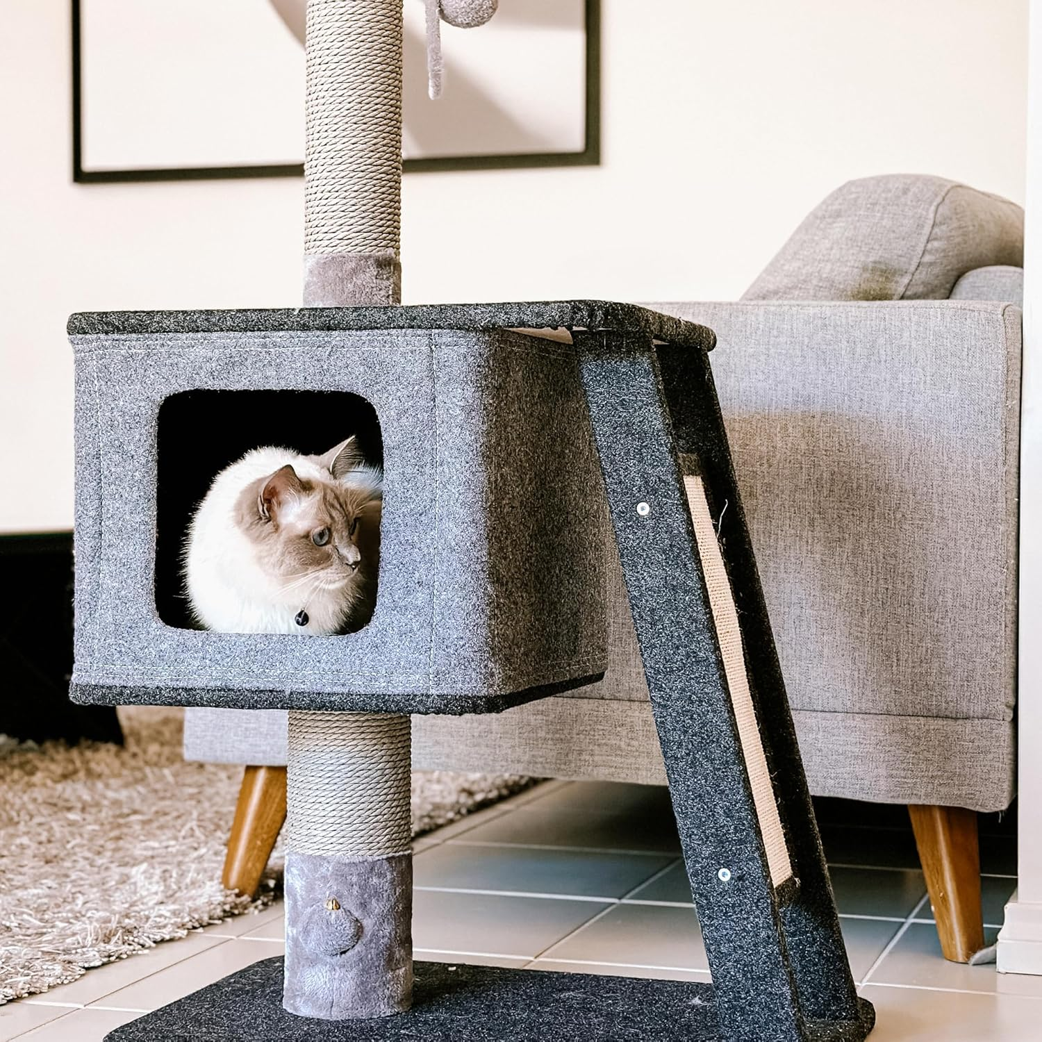 Cattitude Cat Scratch Playground Ramp up Black, 109Cm Height - Cat House, Sisal, Hanging Mouse Pom Poms, Soft Plush Material, Multi-Level Cat Tree image number 2