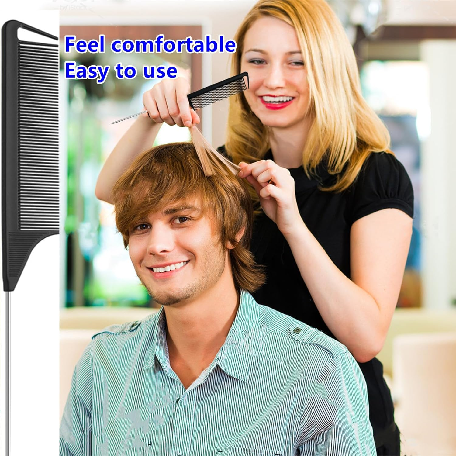 Hair Styling Tool Set, 9 Pieces - 2 Combs, 1 Pick, 4 Tail Combs, Purple and Pink image number 4