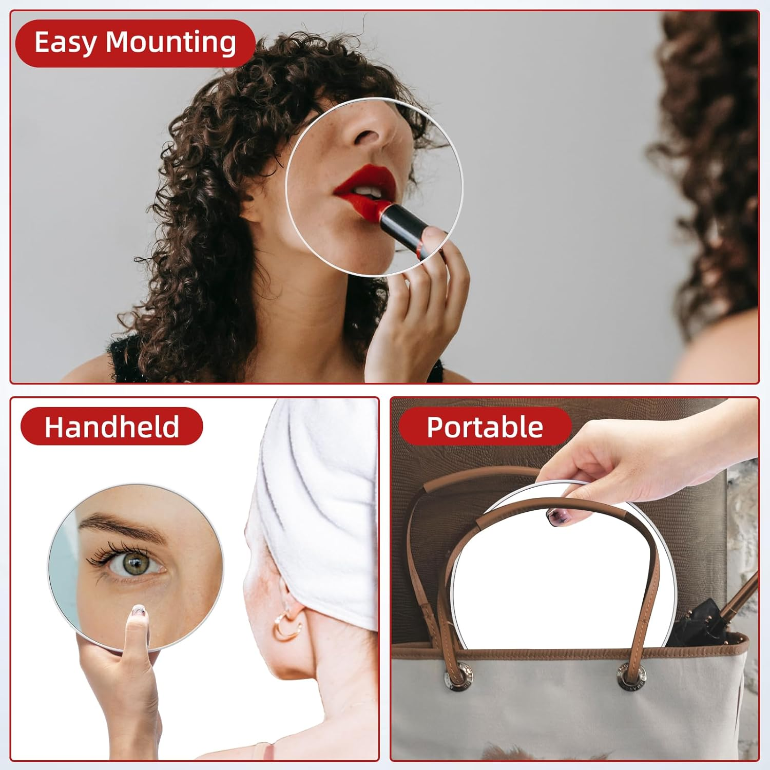 10X Makeup Magnifying Mirror, Large 10X Makeup Magnification Mirror, round Magnifying Mirror, Compact 6'' Travel Magnifying Mirror with 3 Suction Cups, 10X Handheld Travel Magnified Mirror & Tweezers