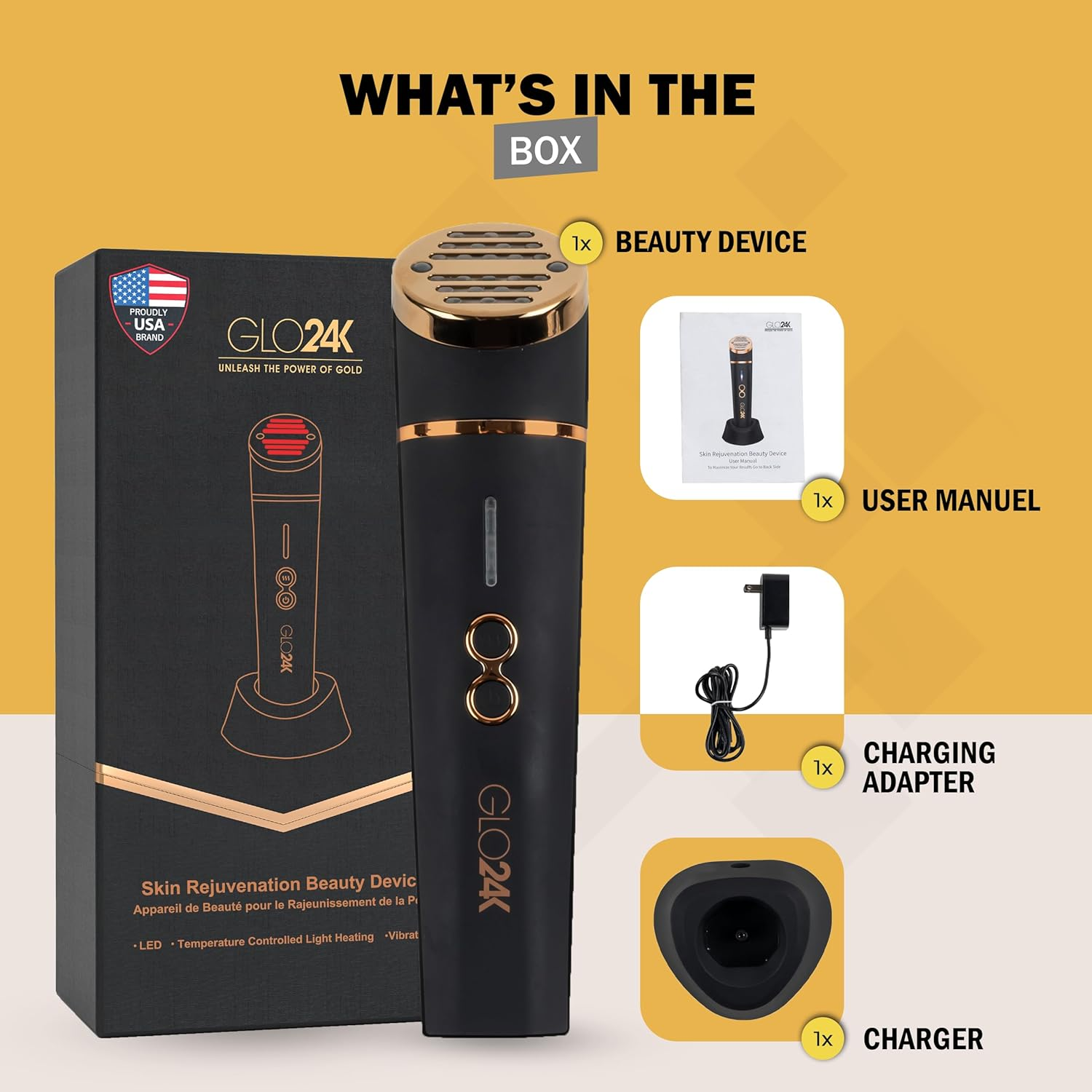 GLO24K UNLEASH the POWER of GOLD Beauty Device for the Face. LED, Thermal, Vibration Technologies. Facial Machine