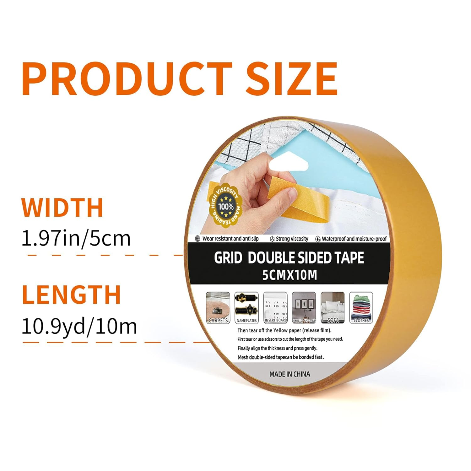 2PC Double Sided Carpet Tape Rug Tape, 5Cm*10M, Strong Adhesive and Removable, Strong Sticky Tape for Area Rugs, Photo Frames, Tile Hardwood Floors, over Carpet image number 4