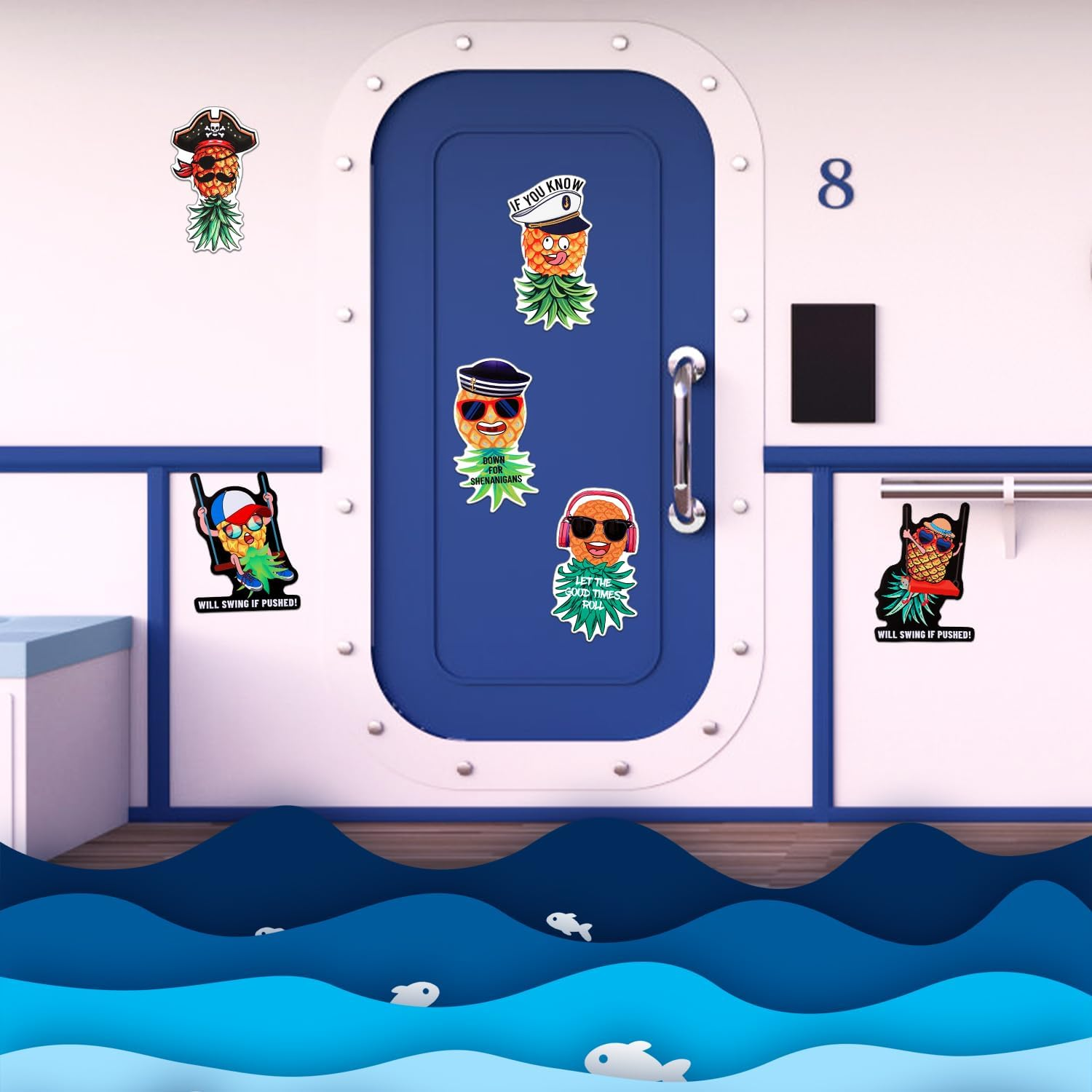 6Pcs Upside down Pineapple Cruise Door Magnets, Funny Large Carnival Ship Cabin Door Decoration Magnetic for Refrigerator Fridge Car Decor image number 5