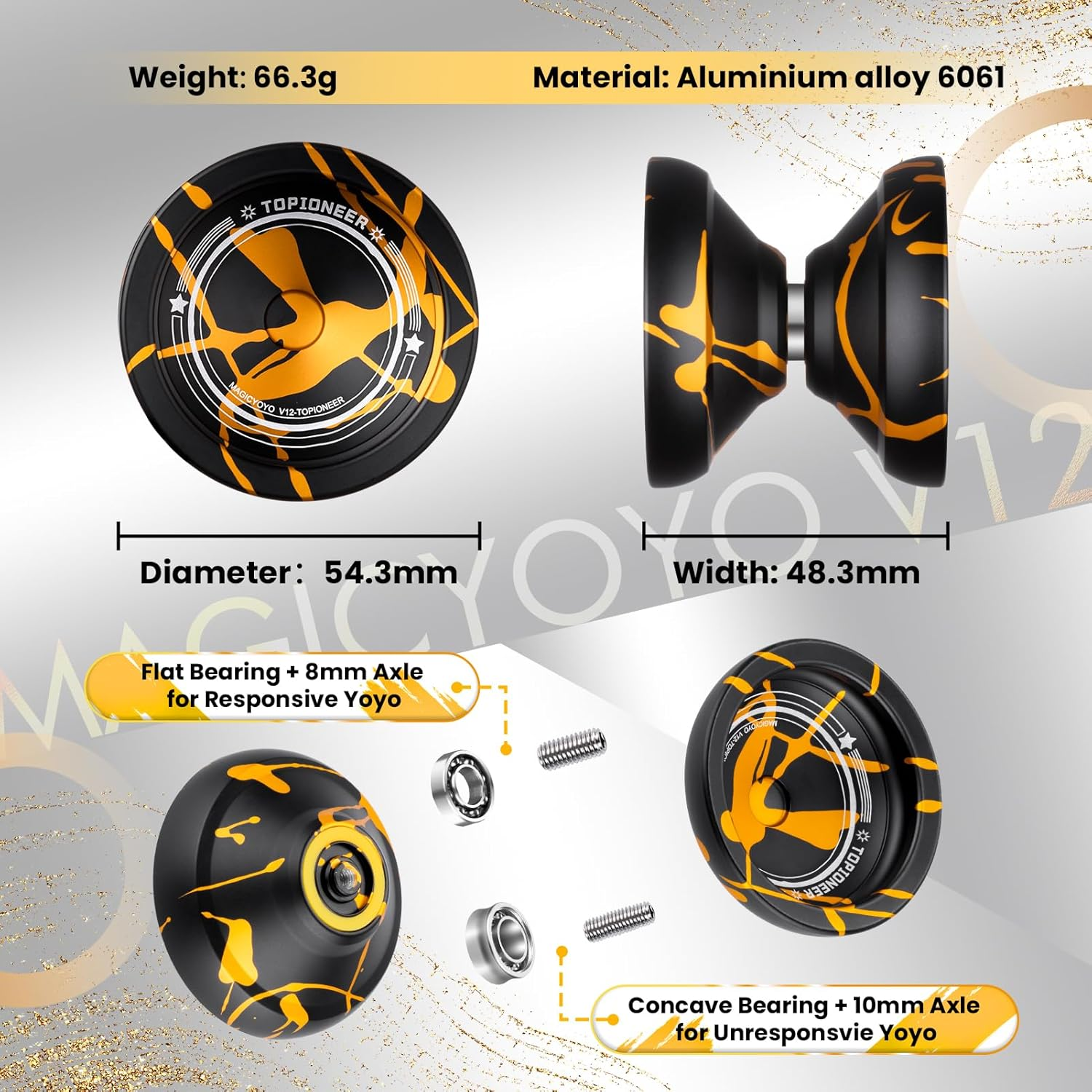 MAGICYOYO V12 Responsive Yoyo for Kids & Beginner, Unresponsive Yo Yo for Adults, Professional Yoyo for Finger Spin Trick with 12 Yoyo Strings & Yo-Yo Accessory Kit (Black Gold Splash image number 5
