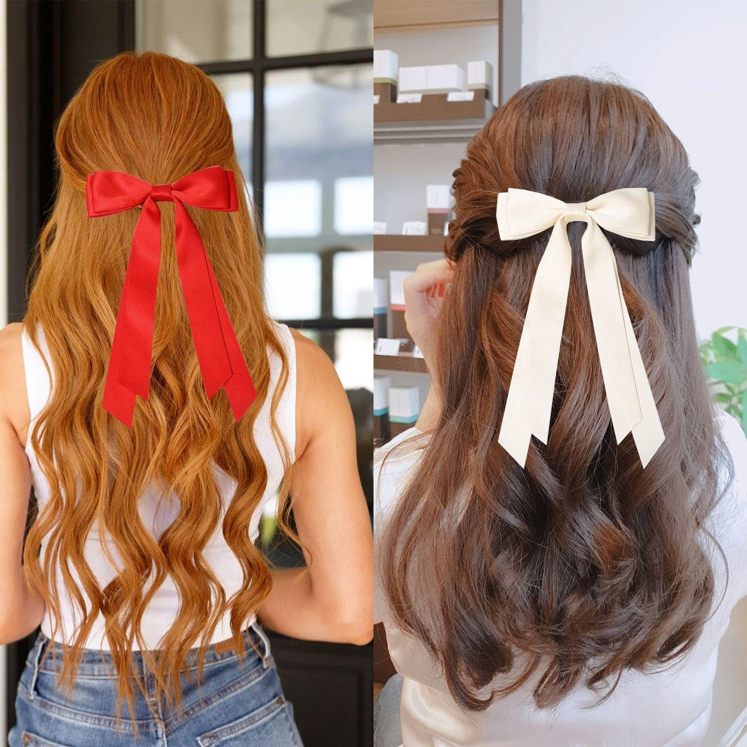 Pack of 4 Bow Hair Pins and 2 Hair Ropes, Satin Double Layer Hair Accessories, Coloured Hair Ropes, Headpiece for Christmas Parties, Ponytail Hairpin Accessories image number 4