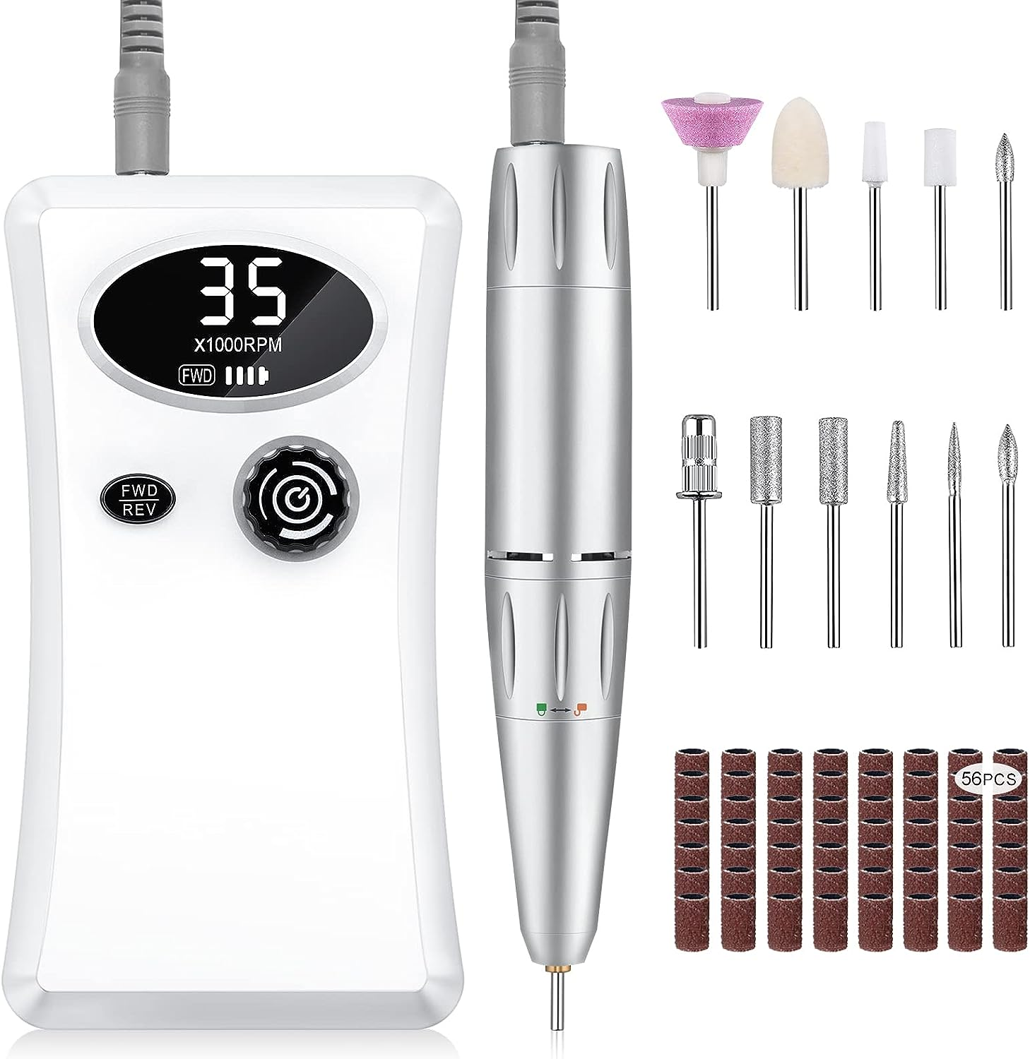 Electric Nail Drill, 35000RPM Professional Nail Drill Machine, Portable Rechargeable File Machine Set for Acrylic Gel Nails, Manicure Pedicure Tools for Home and Salon Use(White) image number 6