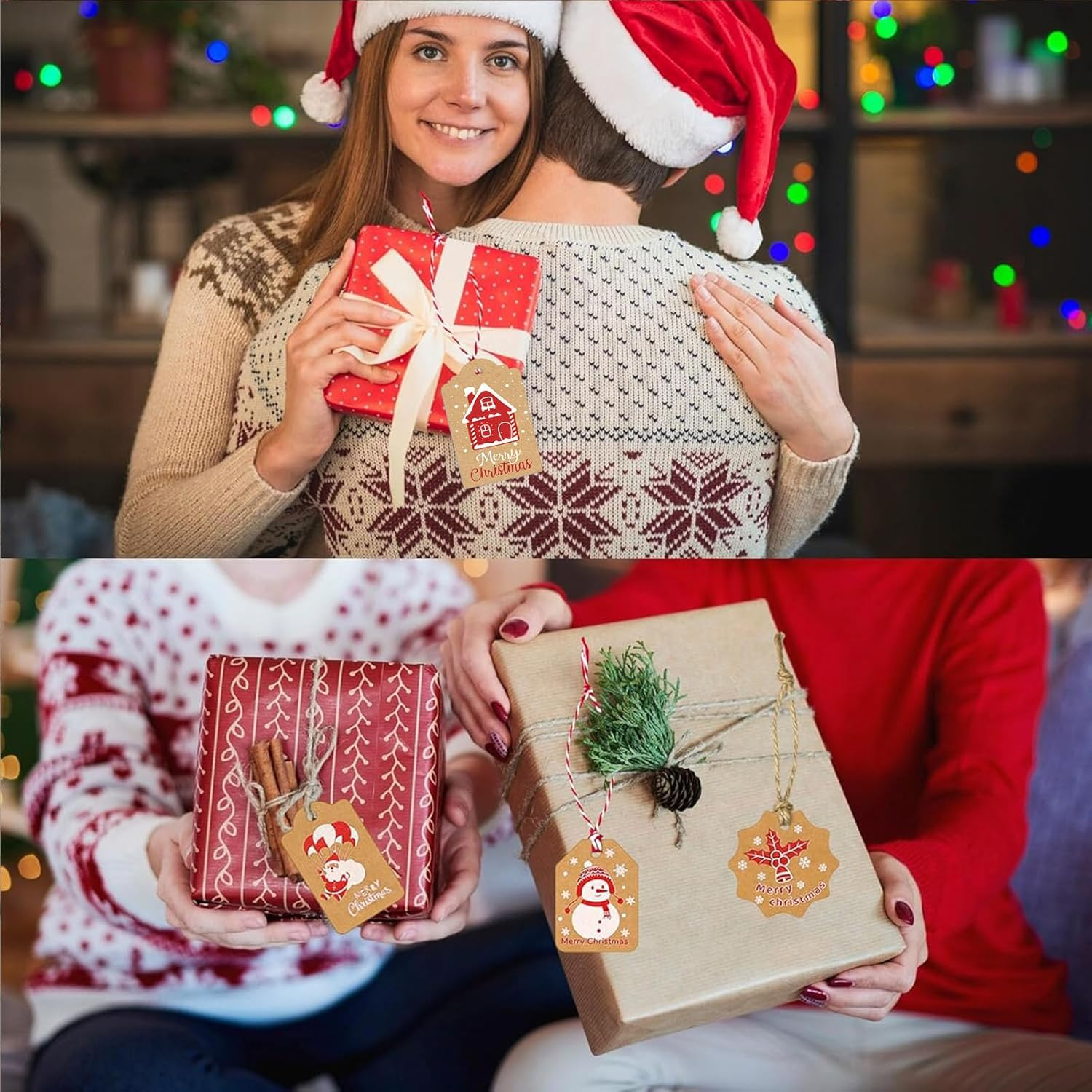 100 PCS Gift Tags Christmas, Brown Kraft Paper Gift Tags Christmas Kraft Paper Tags with String DIY Xmas Hanging Name Tags image number 3