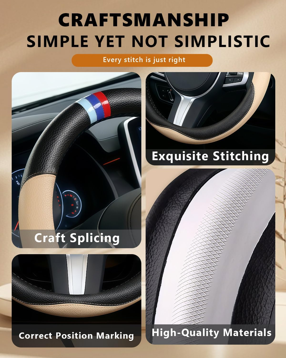 OHHMNKK Customized Auto Car Steering Wheel Cover for BMW X1,X2,X3,X4,X5,X6,X7,I3,I4,I5,14.5-15 Inch (Beige) - Black image number 7