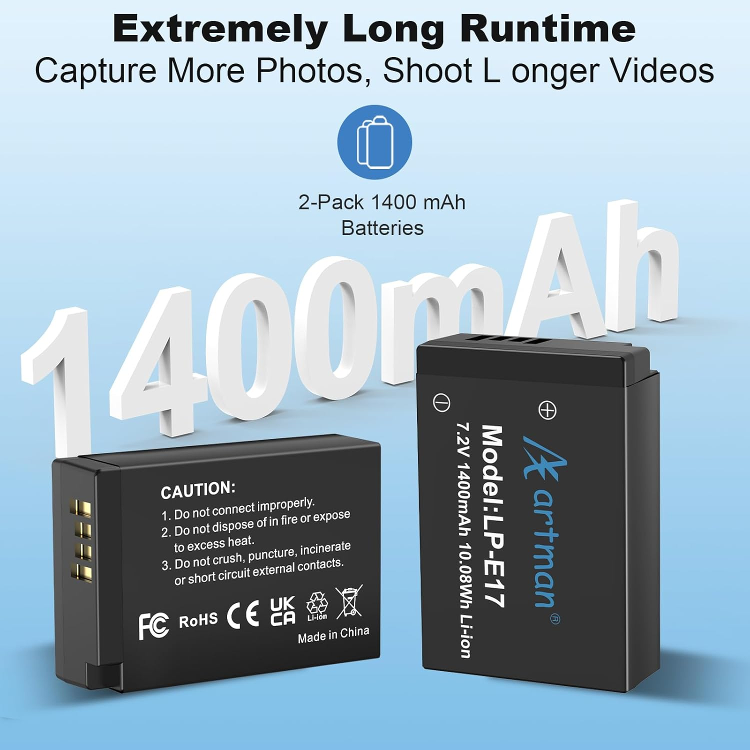 Artman LP-E17 Battery 2-Pack with USB-C 20W Fast Charging Case for Canon EOS R100 R50 RP R10 R8, Rebel T8I, T7I, T6I, T6S, SL2 SL3, EOS M3, M5, M6, EOS 77D 200D 250D 750D 760D 800D 8000D Camera image number 4