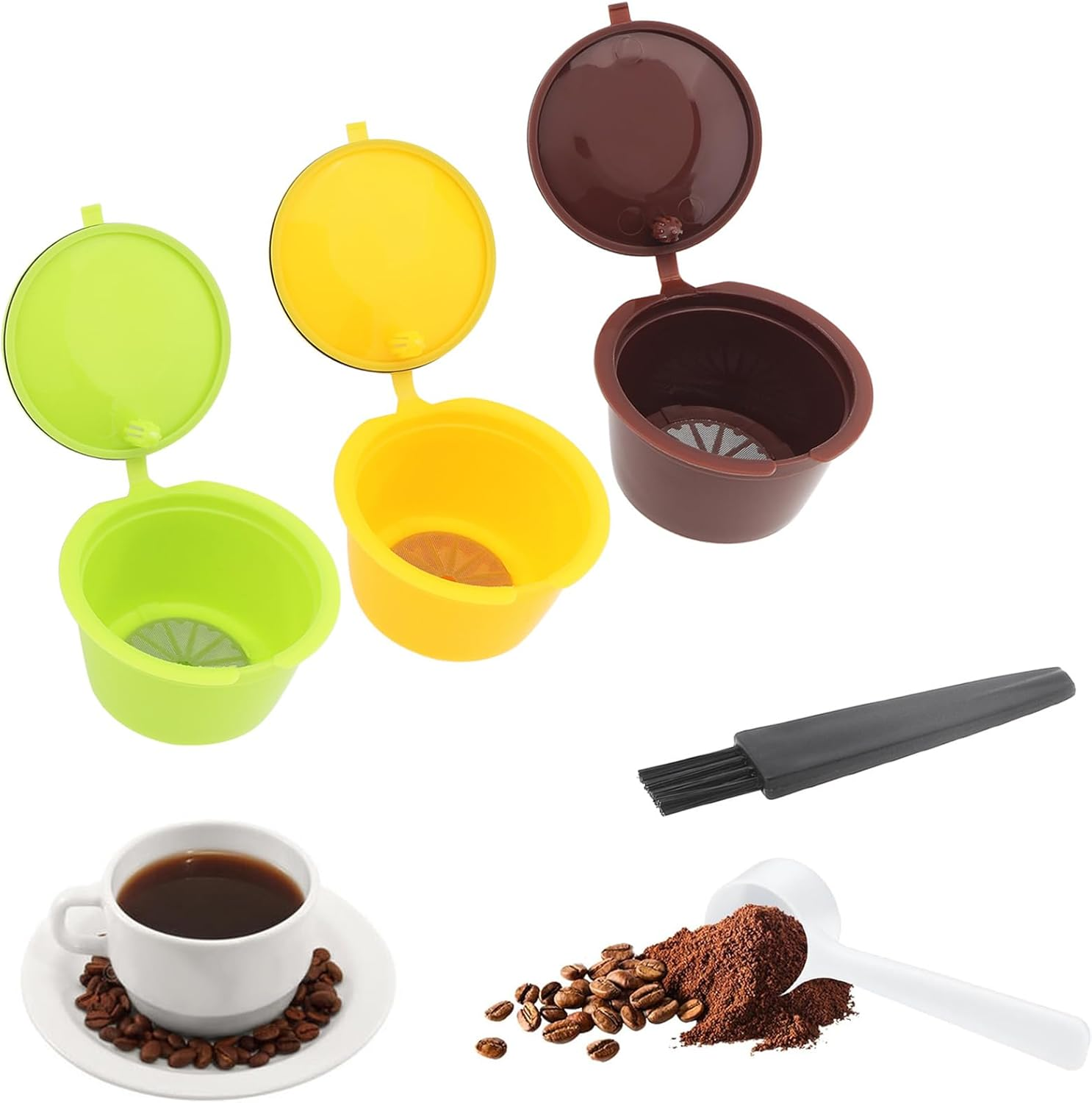 Reusable Coffee Capsule Filters 3Pcs, Colorful Coffee Filters for Nescafe Dolce Gusto Brewers Machine, Reusable Refillable Coffee Pods Capsule Filter Cups Kit with Cleaning Brush and Measuring Spoon image number 5