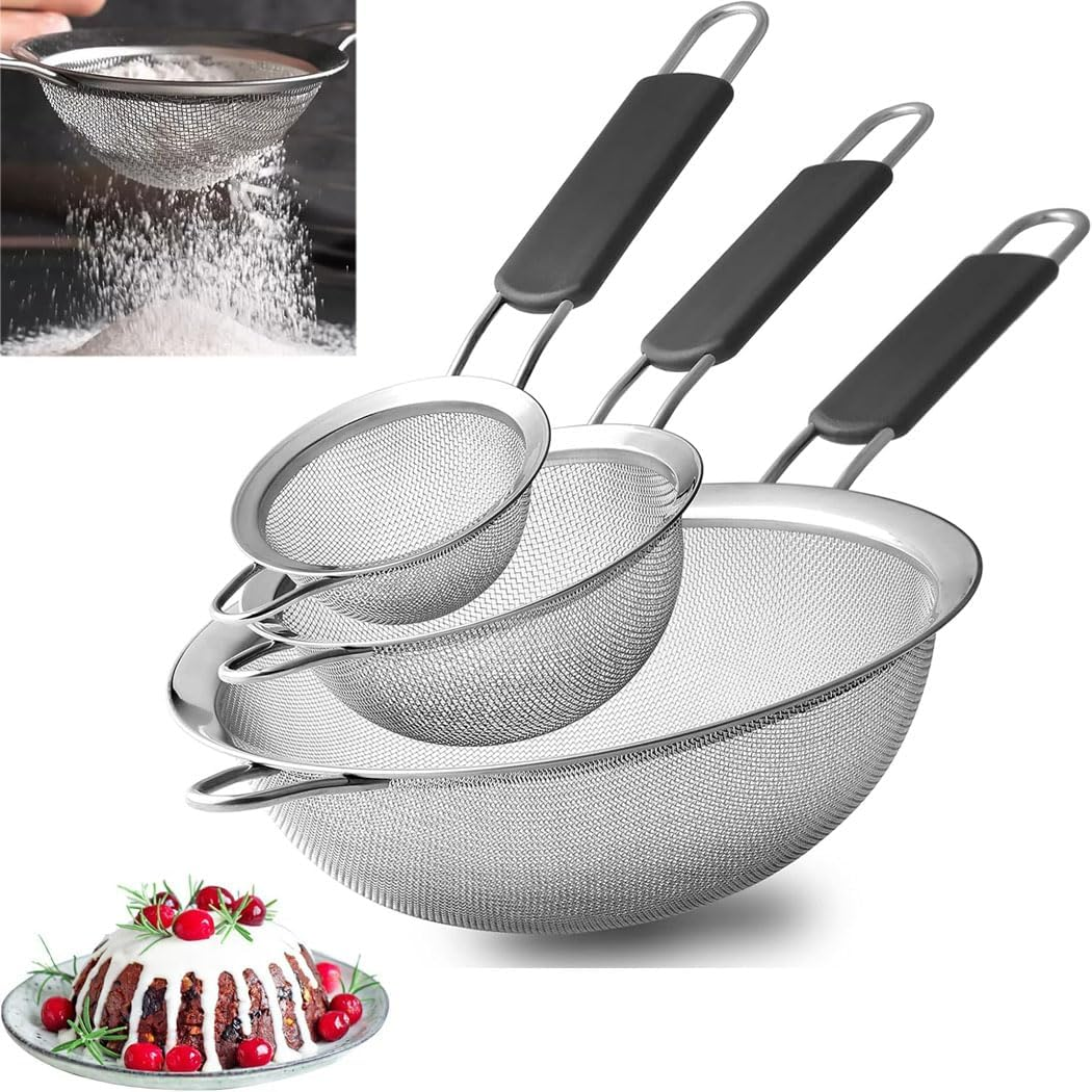 Idopick Fine Mesh Strainers Set of 3,Stainless Steel Strainers Wire Sieve Sifter with Insulated Handle Strainers for Kitchen Gadgets Tools Baking Tools Colander, Food Preparation, Flour Sifter, Rice image number 3