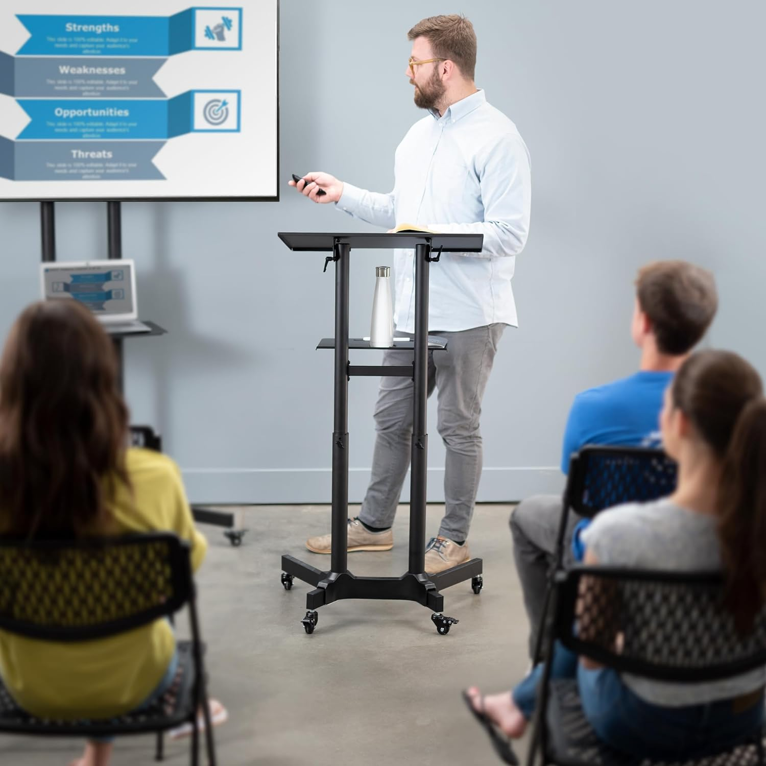 VIVO Black Steel Mobile 61Cm Height Adjustable Multi-Purpose Rolling Podium, Lectern, and Laptop Workstation Desk with Storage Tray (Cart-V03E) image number 1