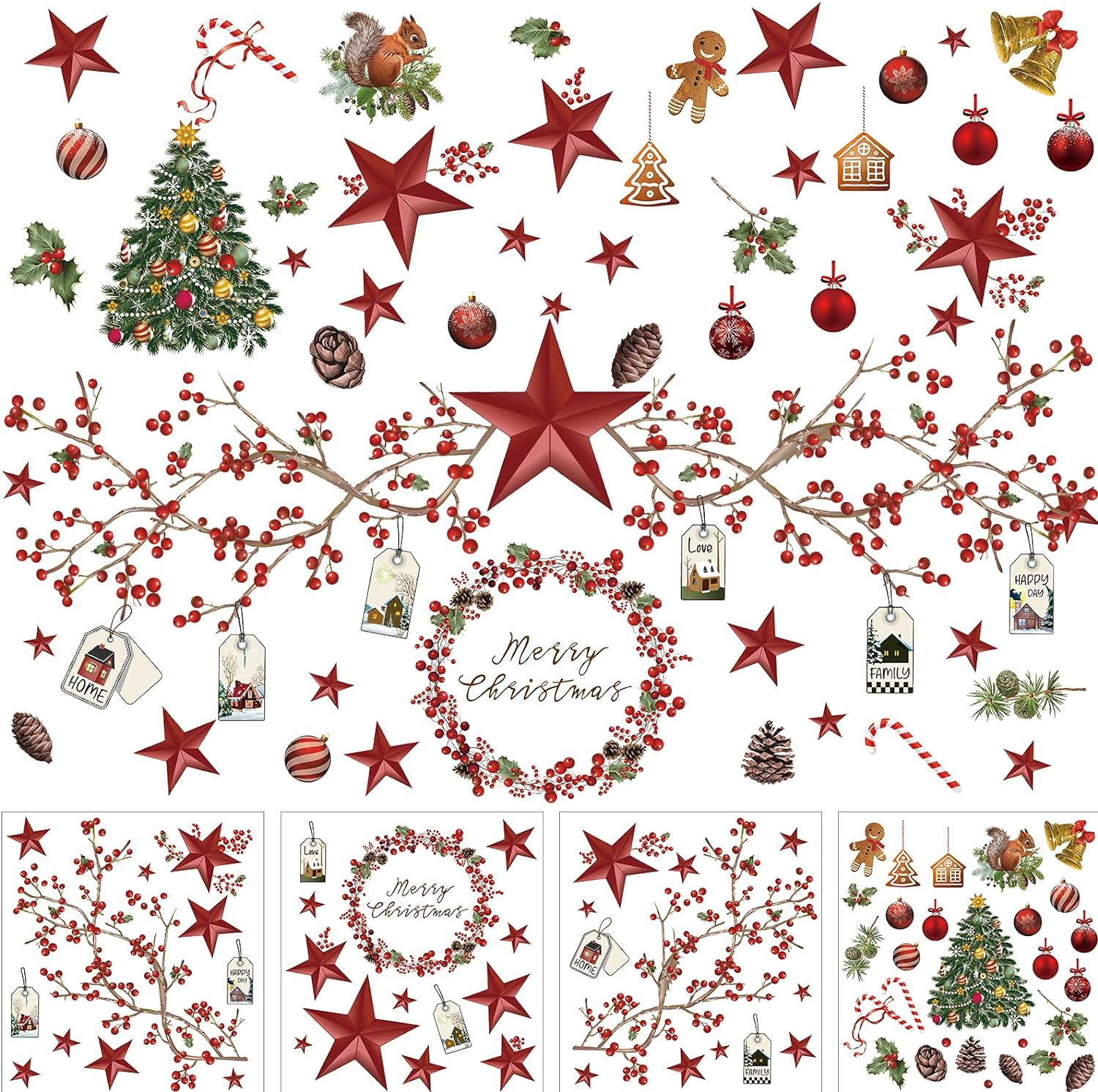 4 Sheets Christmas Wall Stickers Decals Removable Merry Christmas Window Walls Cling Tree Art Sticker Xmas Decoration image number 5