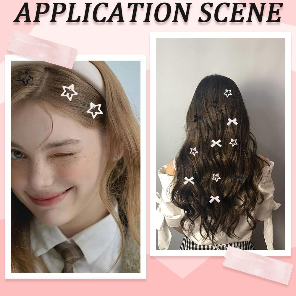 SOFPLATE Pack of 60 3 Colours Colourful Hair Clips with Bow Mini Hair Clips Small Polyester Bow Iron Enamel Stars Coquette Black White Alligator Accessories for Short and Long Hairstyle image number 4