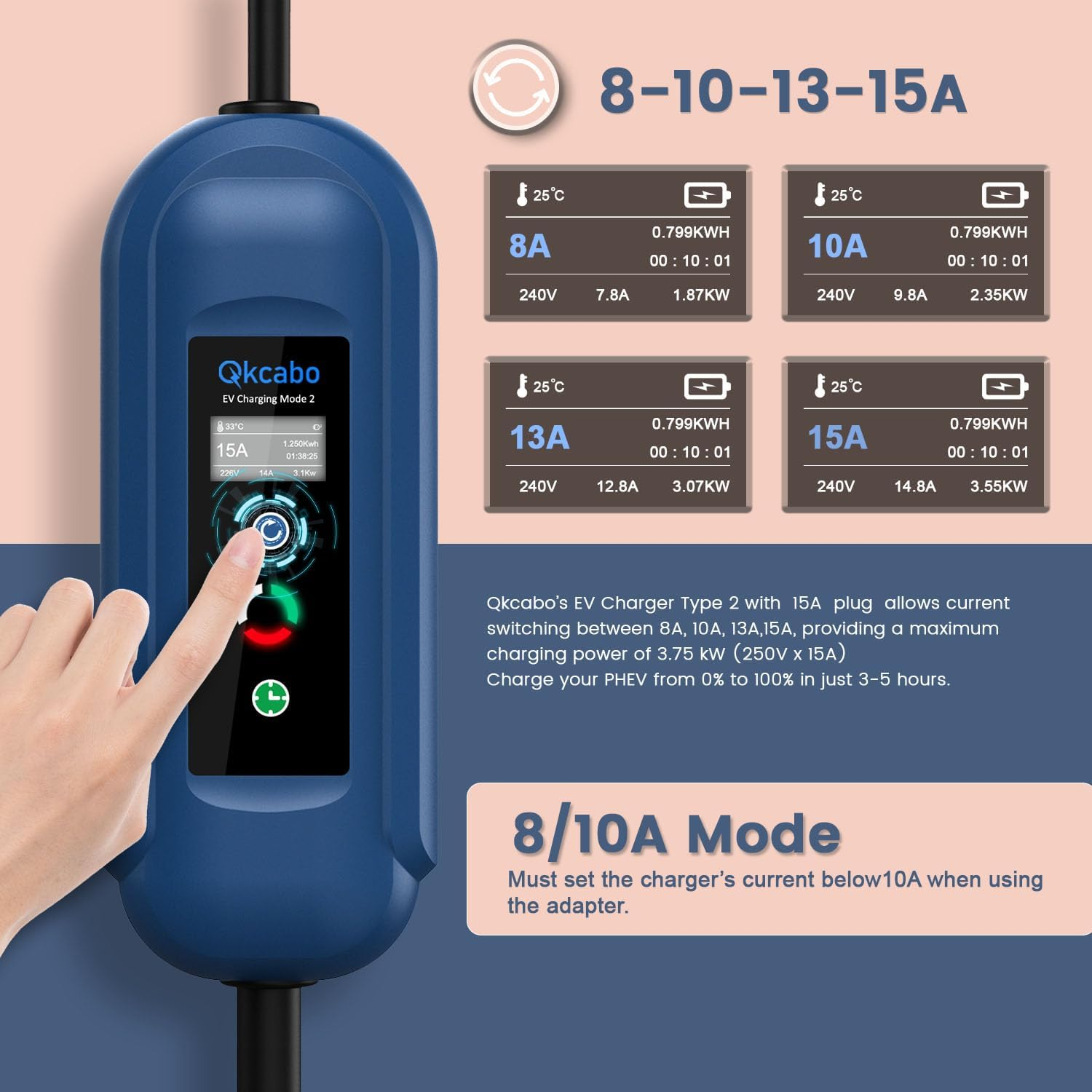 Qkcabo Type 2 Electric Vehicle Charger 15A EV Charger 240V, 7.5 Meters, 8/10/13/15A Adjustable, IEC 62196-2 Mennekes Portable EVSE EV Charging Cable Station for Tesla/Byd/Mg/Cupra/Polestar image number 1