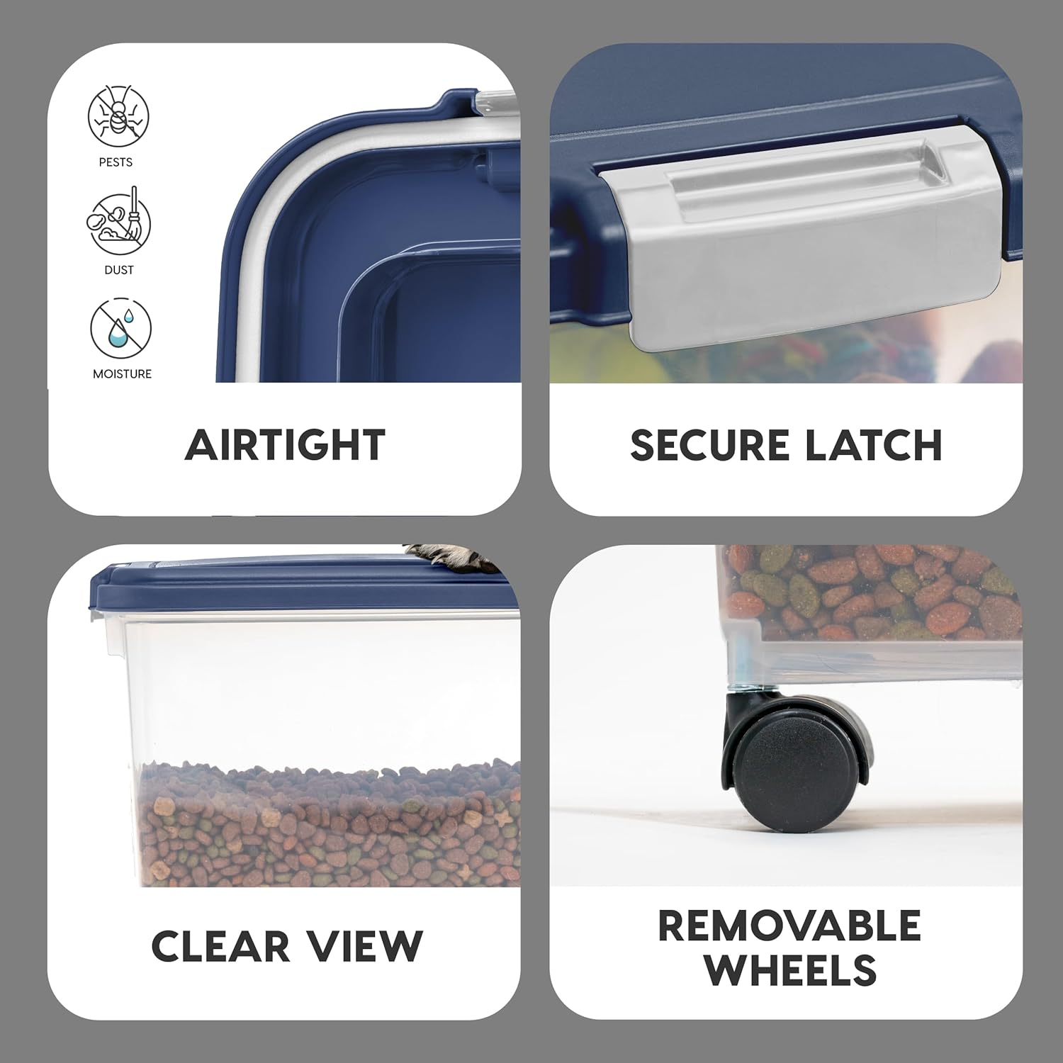 IRIS USA 35Lbs./47Qt. Weatherpro Airtight Pet Food Storage Container with Attachable Casters, for Dog Cat Bird and Other Pet Food Storage Bin, Keep Fresh, Translucent Body, Easy Mobility, Navy image number 2