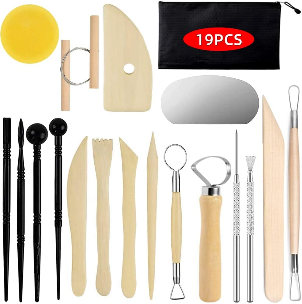 Pottery Clay Sculpting Tools for Polymer, Yagugu 19Pcs Basic Wood Ceramics Carving Tool Supplies Kit Accessories for Kids, Adults and Artists Modeling Shaping Building for Art&Craft
