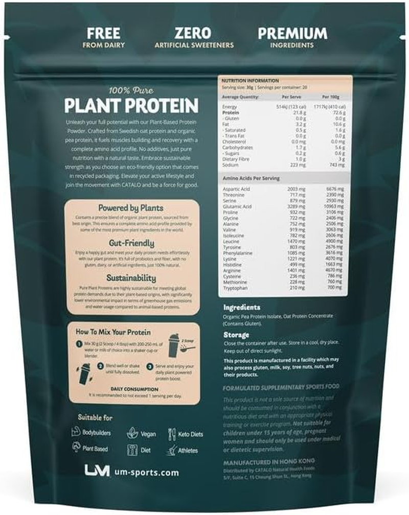 UM Pure Plant Protein Powder | Vegan, Dairy-Free & Gut-Friendly | 20G Protein per Serve | Pea & Rice Protein Blend | Naturally Flavored | 600G Pouch