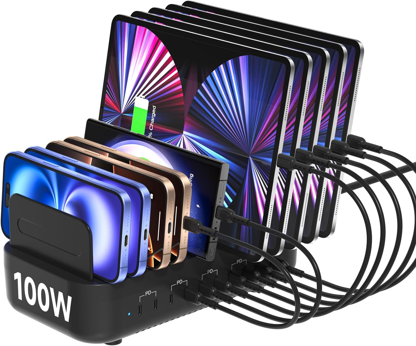 Soopii USB C Multi Charging Station,100W 10-Port Type C Fast Charger Station for Multiple Devices with Adjustable Dividers, Charger Organizer Compatible with Phone, Tablet,Kindle and More(Black)