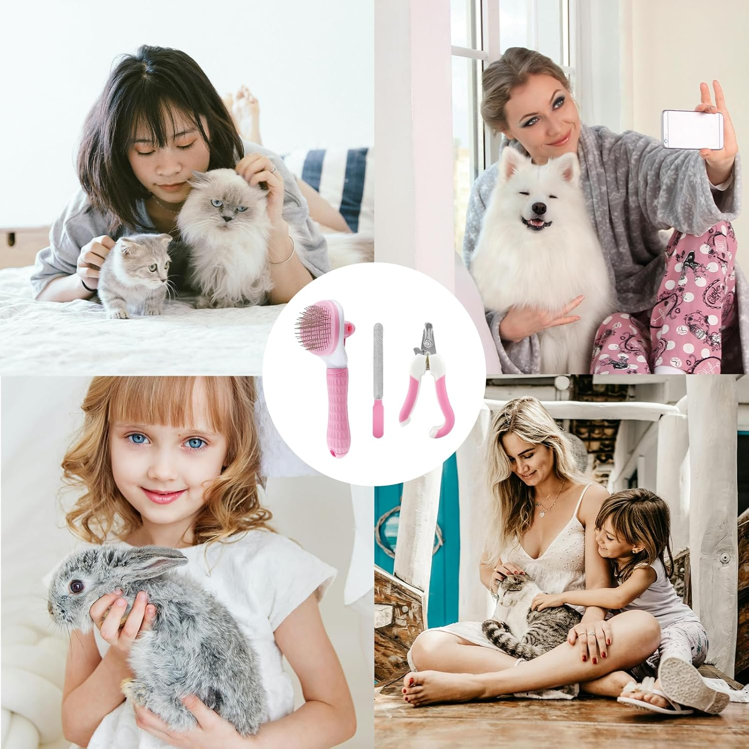 Cat Brush, Dog Brush, Pet Brush with Nail Clippers, Nail Files for Dogs, Cats, Clean Pet Hair from the Brush with One Button, for Long Hair and Short Hair