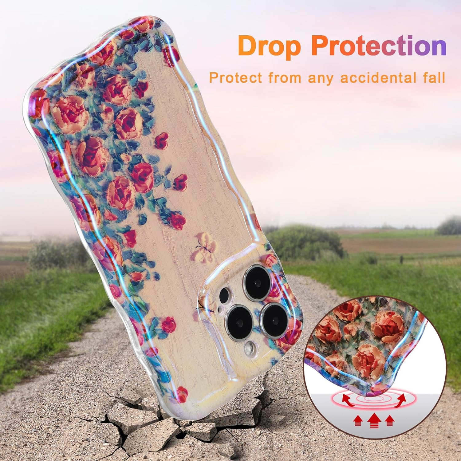 EYZUTAK Case for Iphone 15 Pro, Colorful Retro Oil Painting Printed Flower Laser Glossy Pattern Cute Curly Waves Border Exquisite Phone Cover Stylish Durable TPU Protective Case for Girls Women -Beige