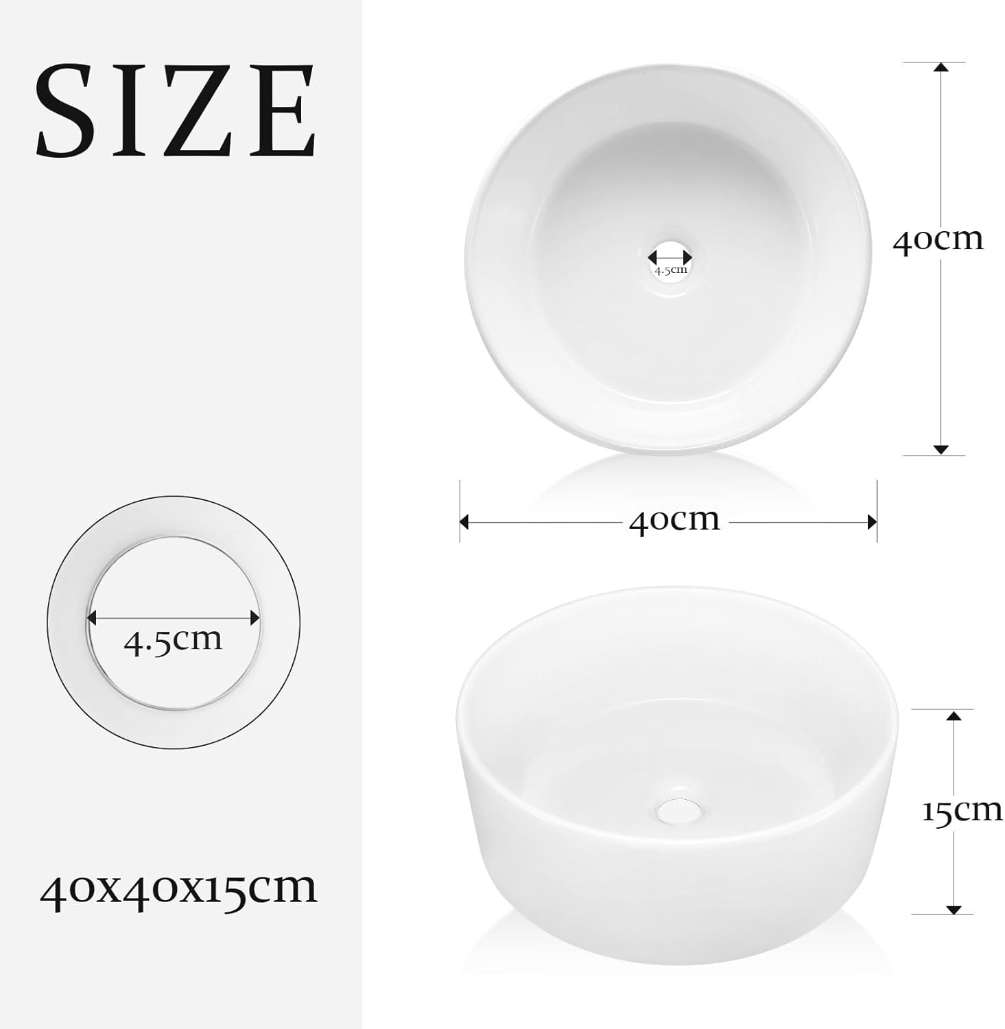 Luxsuite Bathroom Sink round Ceramic Basin Vessel Hand Wash Basin Vanity Washing Bowl above Counter Toilet Bath Countertop White