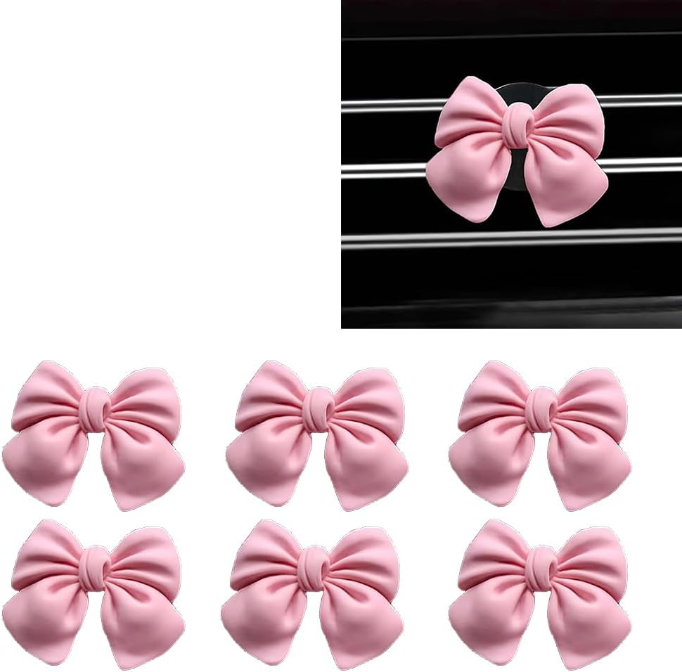 Decorative Car Bow Accessories Set, 6 Pieces, Interior Aesthetic Decor for Women (Pink)