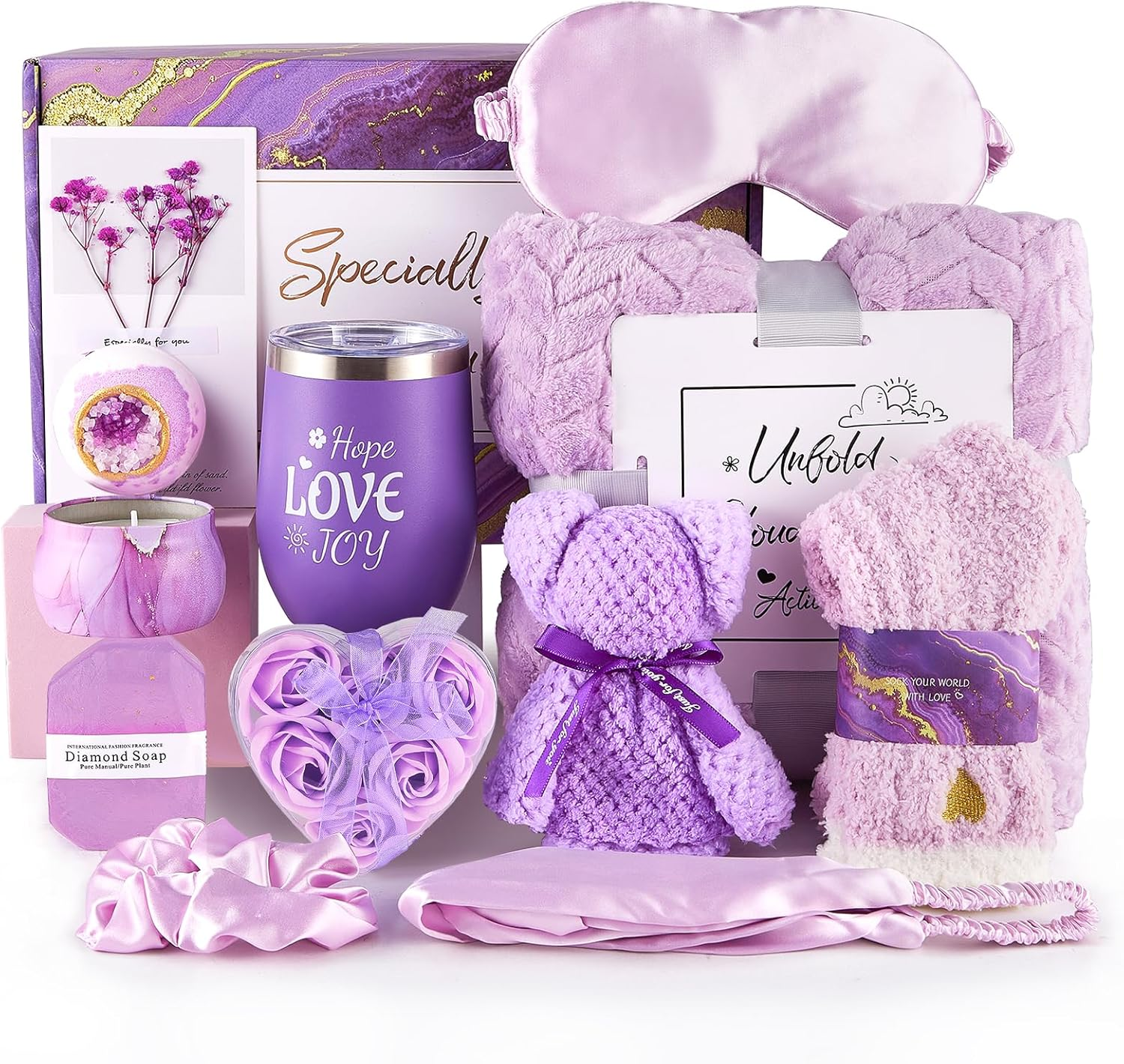 Luxury Lavender Birthday Gifts for Women &ndash; Purple Self Care Spa Gift Basket with Flannel Blanket &ndash; Relaxing Get Well Soon Gifts Set for Mom, Wife, Sister, Friend image number 5